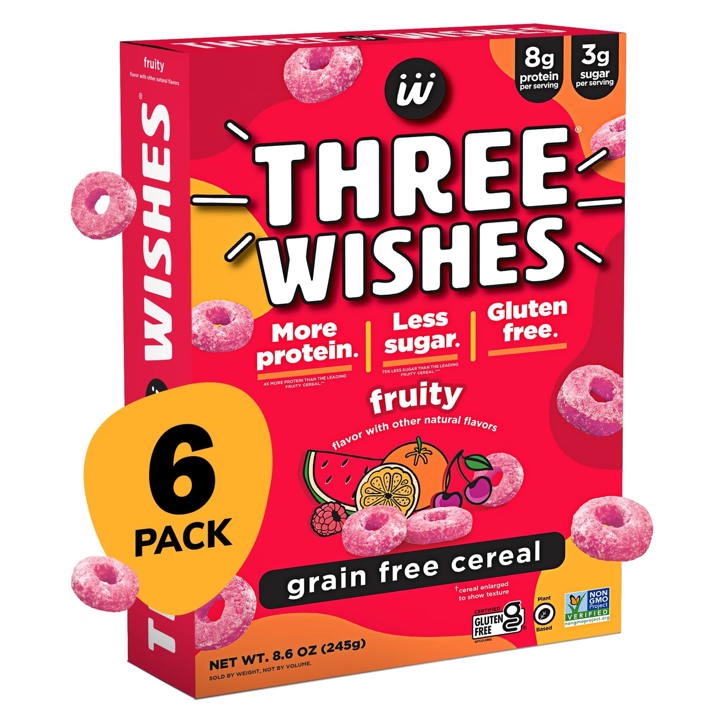 Plant-Based and Vegan Breakfast Cereal by Three Wishes - Fruity, 6 Pack - More Protein and Less Sugar Snack - Gluten-Free, Grain