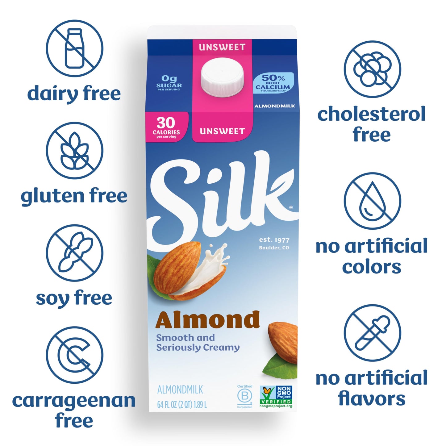 Silk Almond Milk, Unsweet, Dairy Free, Gluten Free, Seriously Creamy Vegan Milk with 50% More Calcium than Dairy Milk, 64 FL OZ
