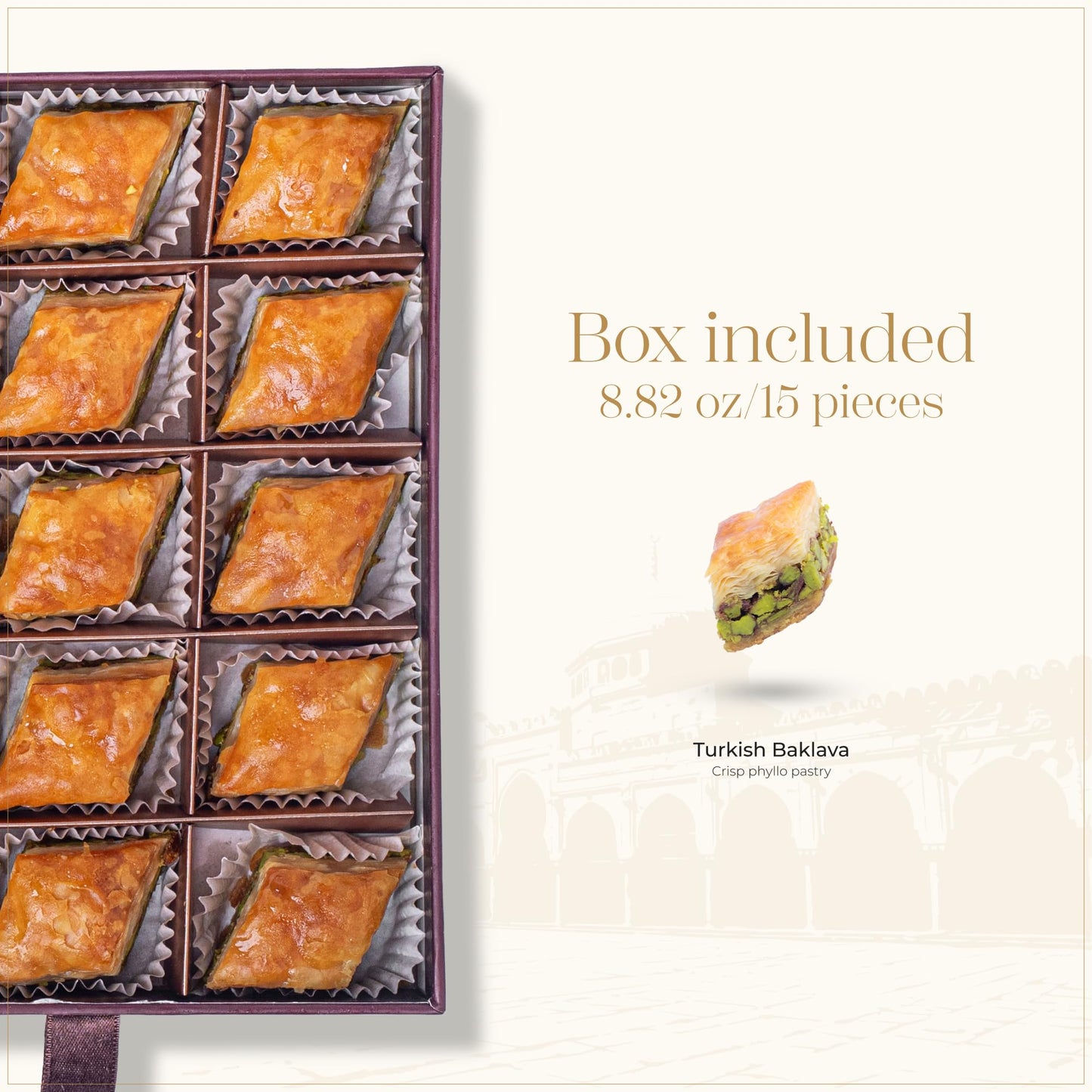 Damaskino Home Greek Baklava Gift Box – 15 Pistachio Pastries – 10.5oz Authentic Middle Eastern Dessert