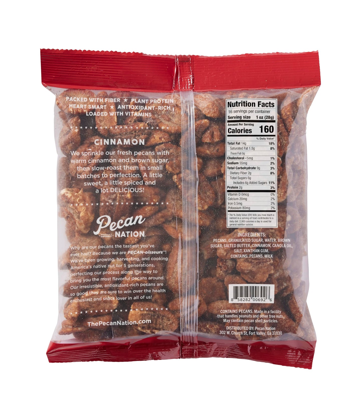Pecan Nation Cinnamon Roasted Pecan Halves, 16 oz, Non-GMO, Antioxidant-Rich, Healthy Snack, Brown