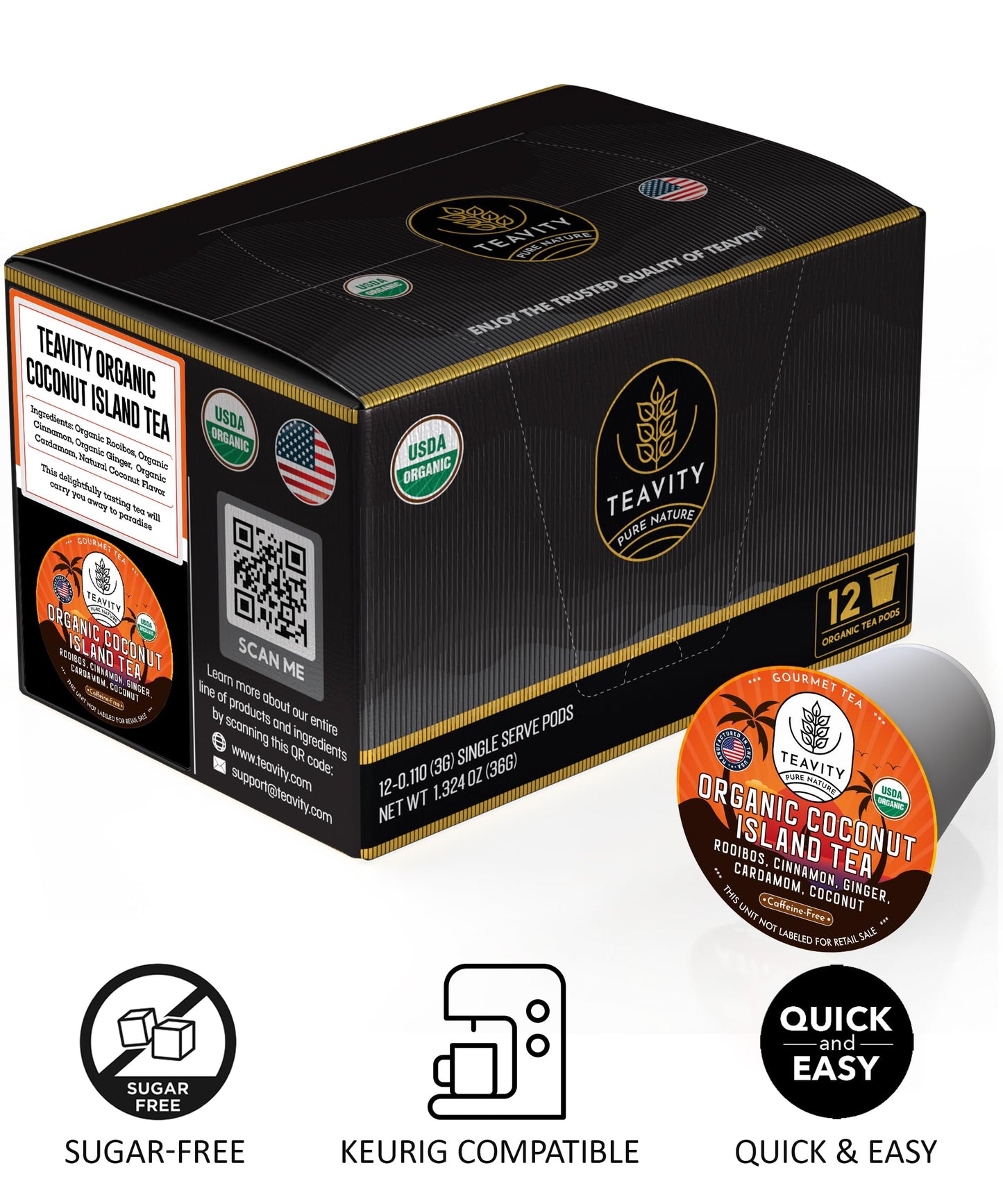 Coconut Rooibos Tea Pods For Keurig - Organic Ginger Tea, Rooibos, Cinnamon, Cardamom, Coconut By Coconut Island Teavity (12 Tea