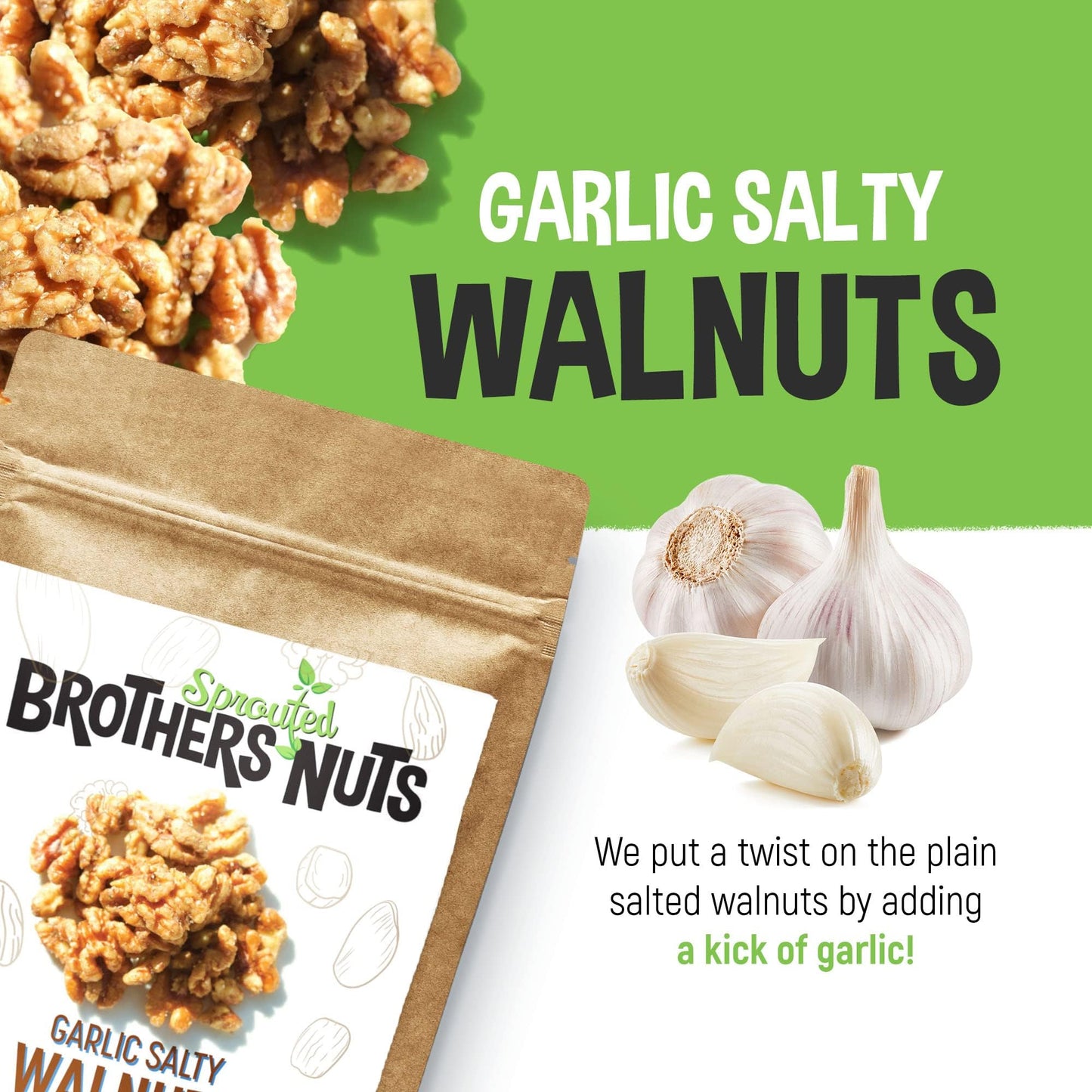 Brothers Nuts - Garlic Salty Sprouted Walnuts - Great Tasting - Gluten-Free & Vegan Snacks - Whole Walnuts with Olive Oil - Keto