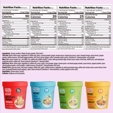 Volo Vero Konjac Noodle Variety Pack -Tom Yum, Miso, Kimchi,''Spicy'' Red Curry, 6 Pack Low Carb Instant Shirataki Noodles Angel