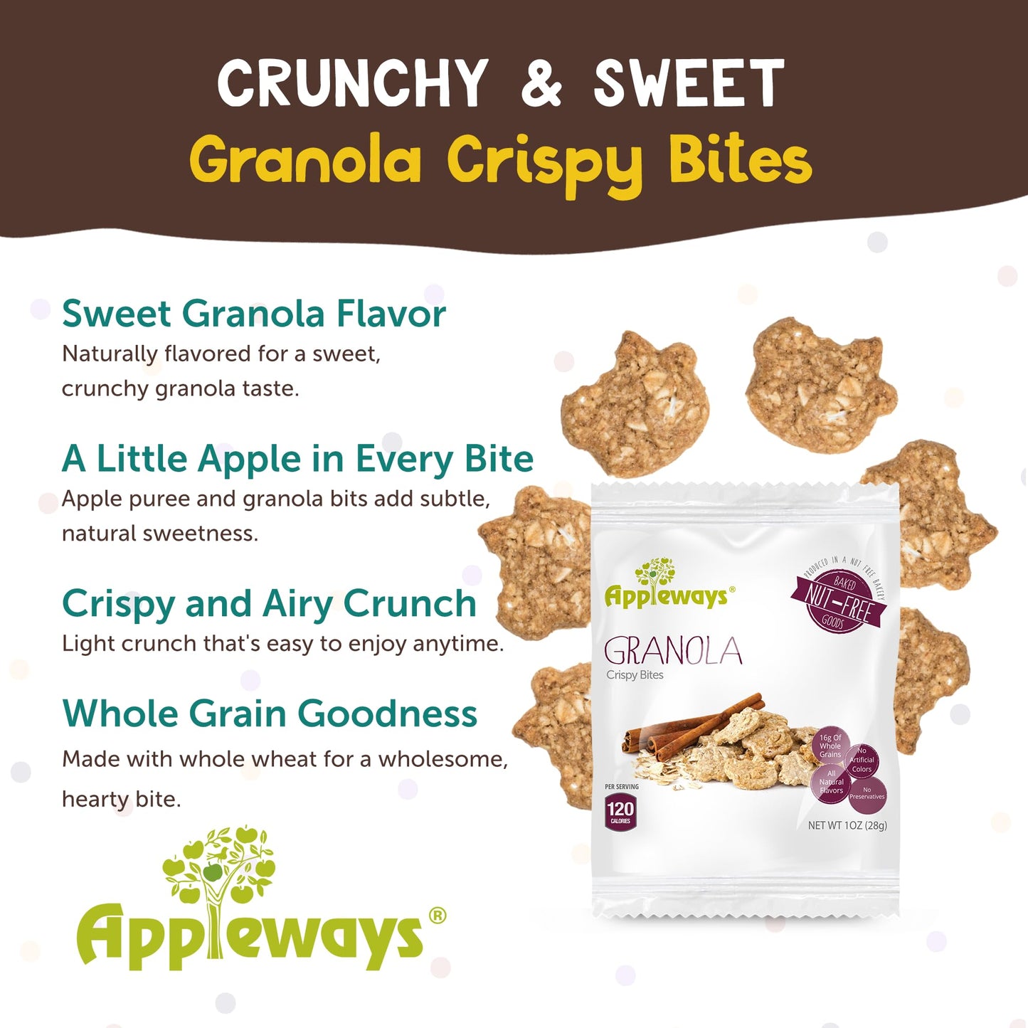 Appleways Crispy Granola Bites, Pack of 20 (1 oz Each), Granola Mini Snacks Individually Wrapped Healthy with No Preservatives.