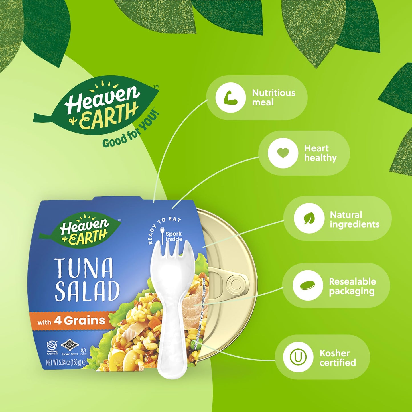 HEAVEN & EARTH Tuna Salad with Beans & Grains, 5.64oz (4 Pack), Travel Friendly, Kosher