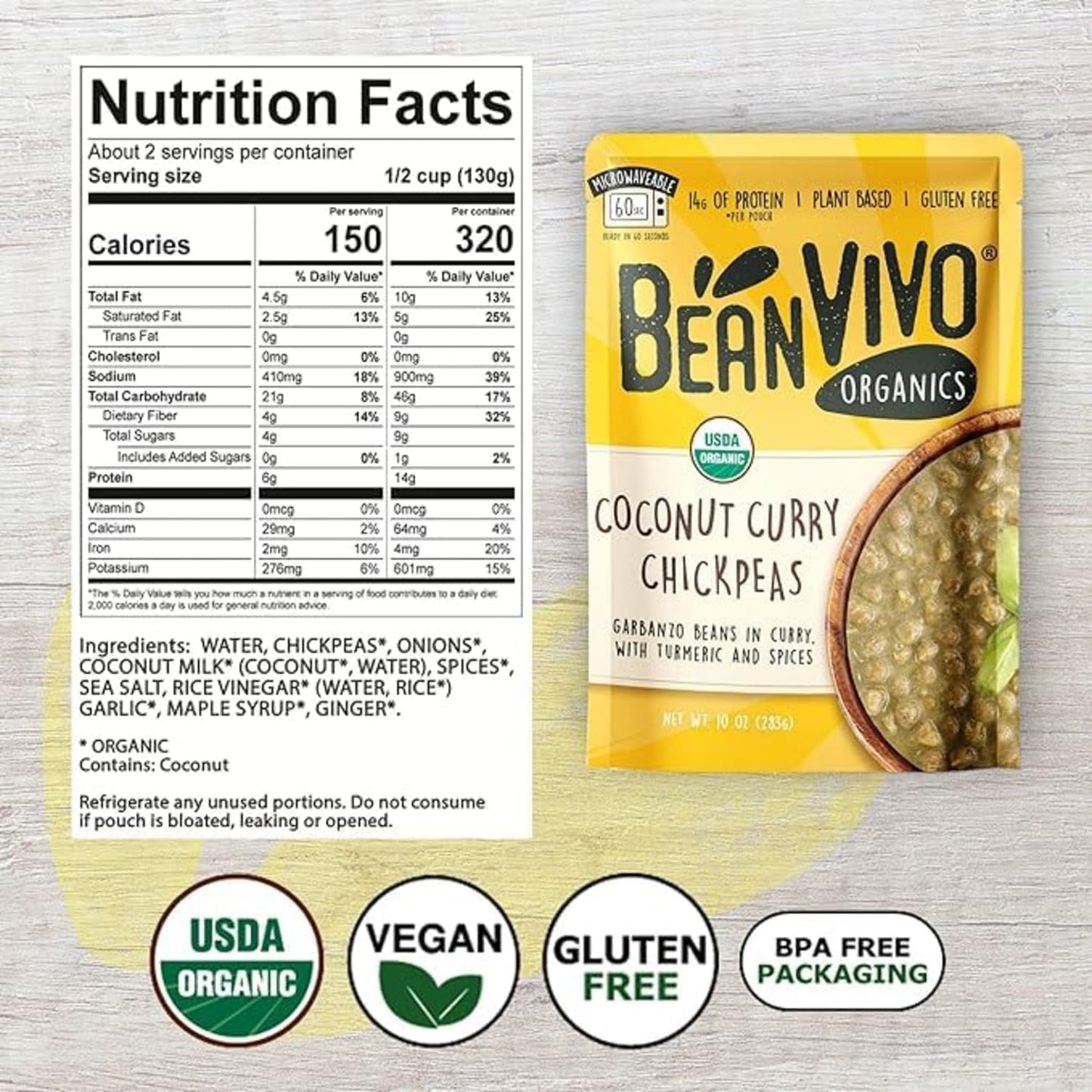 BeanVIVO (Pack of 12) Organics Plant based Coconut Curry Chickpeas - Good Source of Fiber - Nutritious & Microwave Meal - Gluten