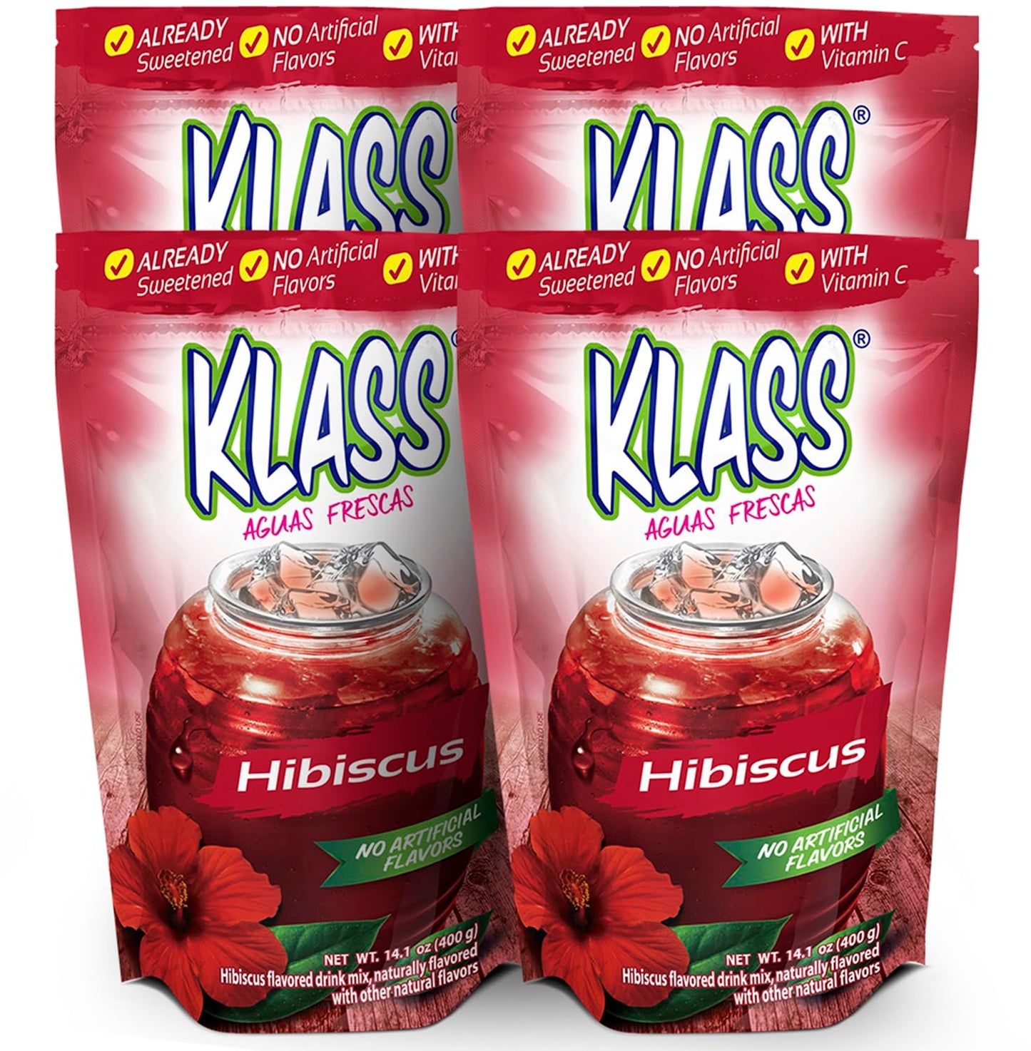 Klass Aguas Frescas |Drink Mix Hibiscus | Flavors From Natural Sources, No Artificial Flavors, With Vitamin C (Makes 7 To 9 Quarts) 14.1 Oz Family Pack (4-Pack)