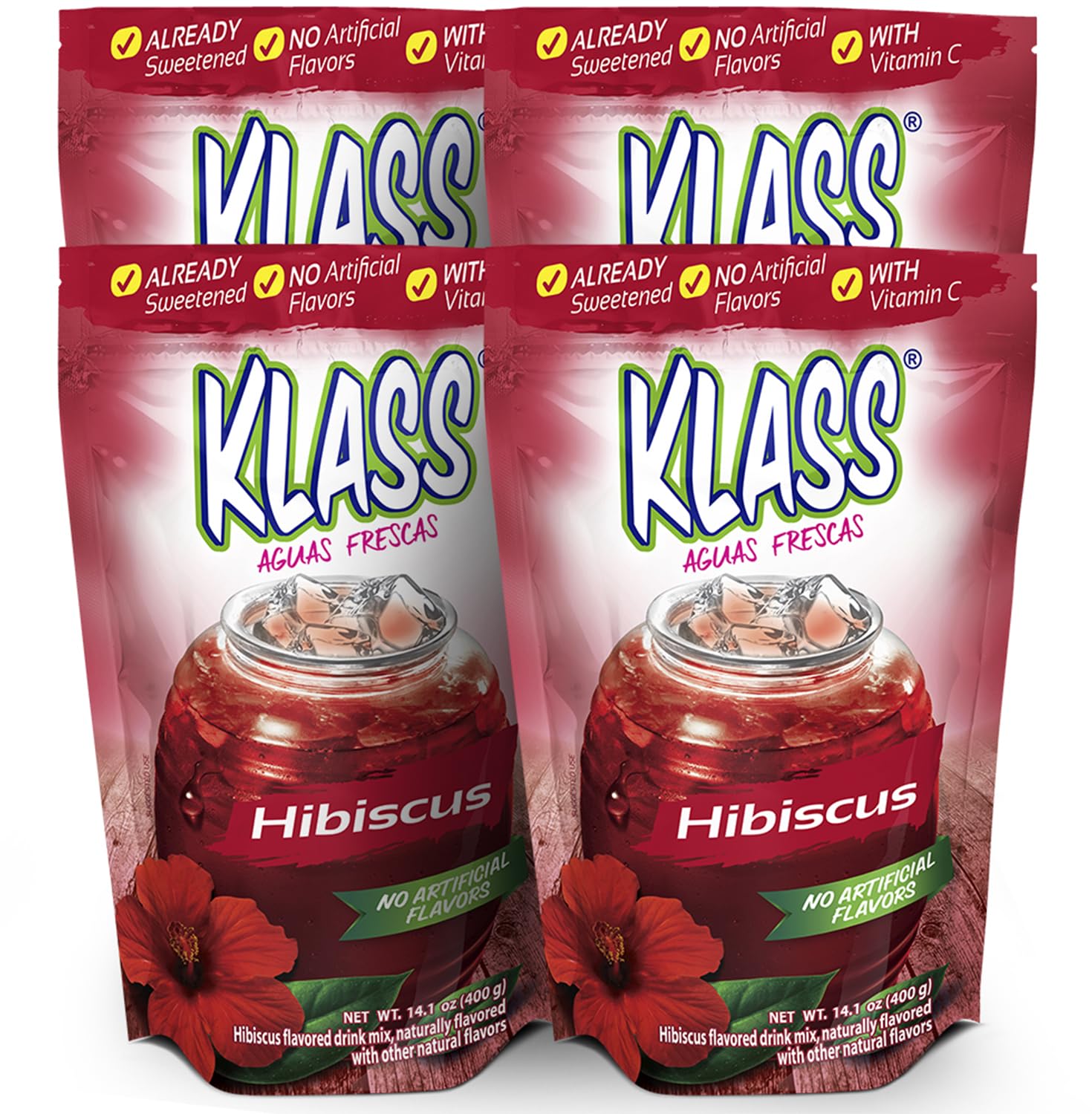 Klass Aguas Frescas |Drink Mix Hibiscus | Flavors From Natural Sources, No Artificial Flavors, With Vitamin C (Makes 7 To 9 Quarts) 14.1 Oz Family Pack (4-Pack)