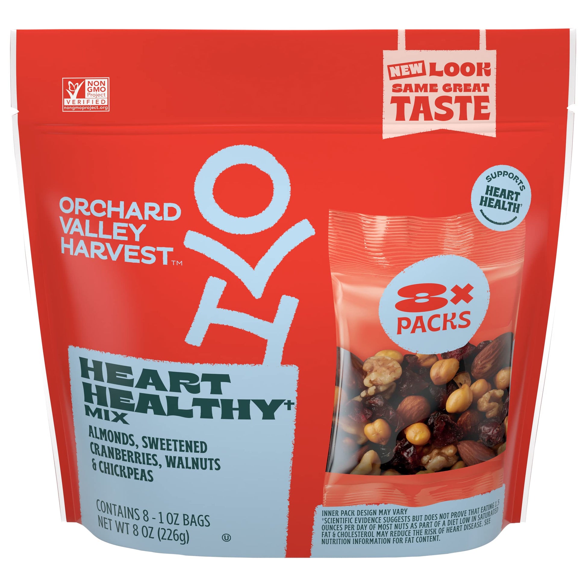 Orchard Valley Harvest Heart Healthy Blend, 1 Ounce Bags (Pack of 8), Almonds, Cranberries, Walnuts, and Chickpeas, Gluten Free,