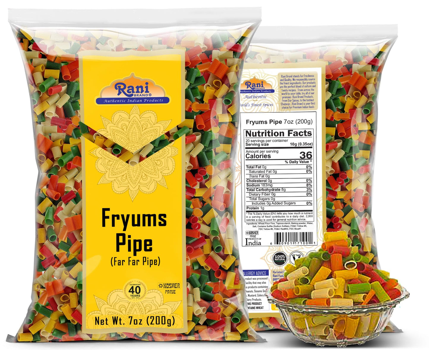 Rani Far Far Fryums - Vegan Wheat & Tapioca project pieces, Round/Pipe Shape, 7oz (200g)