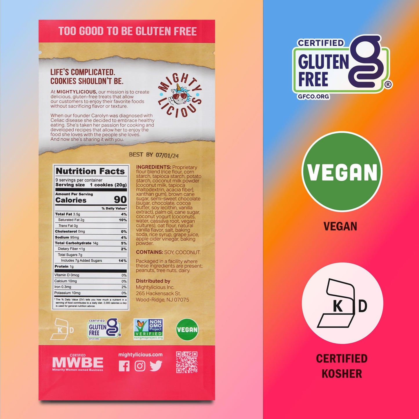 Mightylicious Handcrafted Vegan Chocolate Chip Cookies - Gluten-Free, Dairy-Free, Egg-Free, Non-Gmo, Kosher, Preservative-Free -