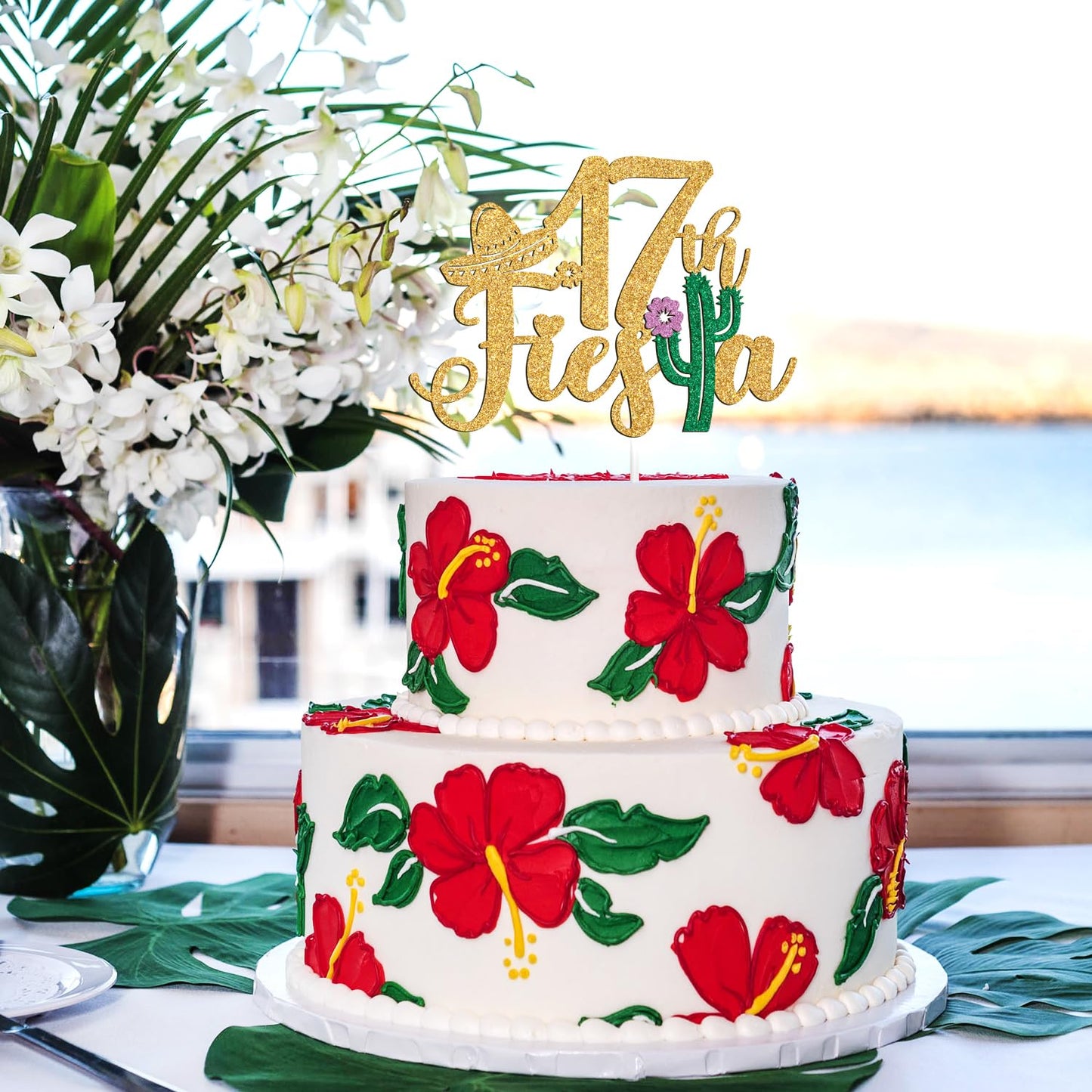 Tivurcia Fiesta 17th Cake Topper, Gold Tropical Hawaiian Theme Decoration