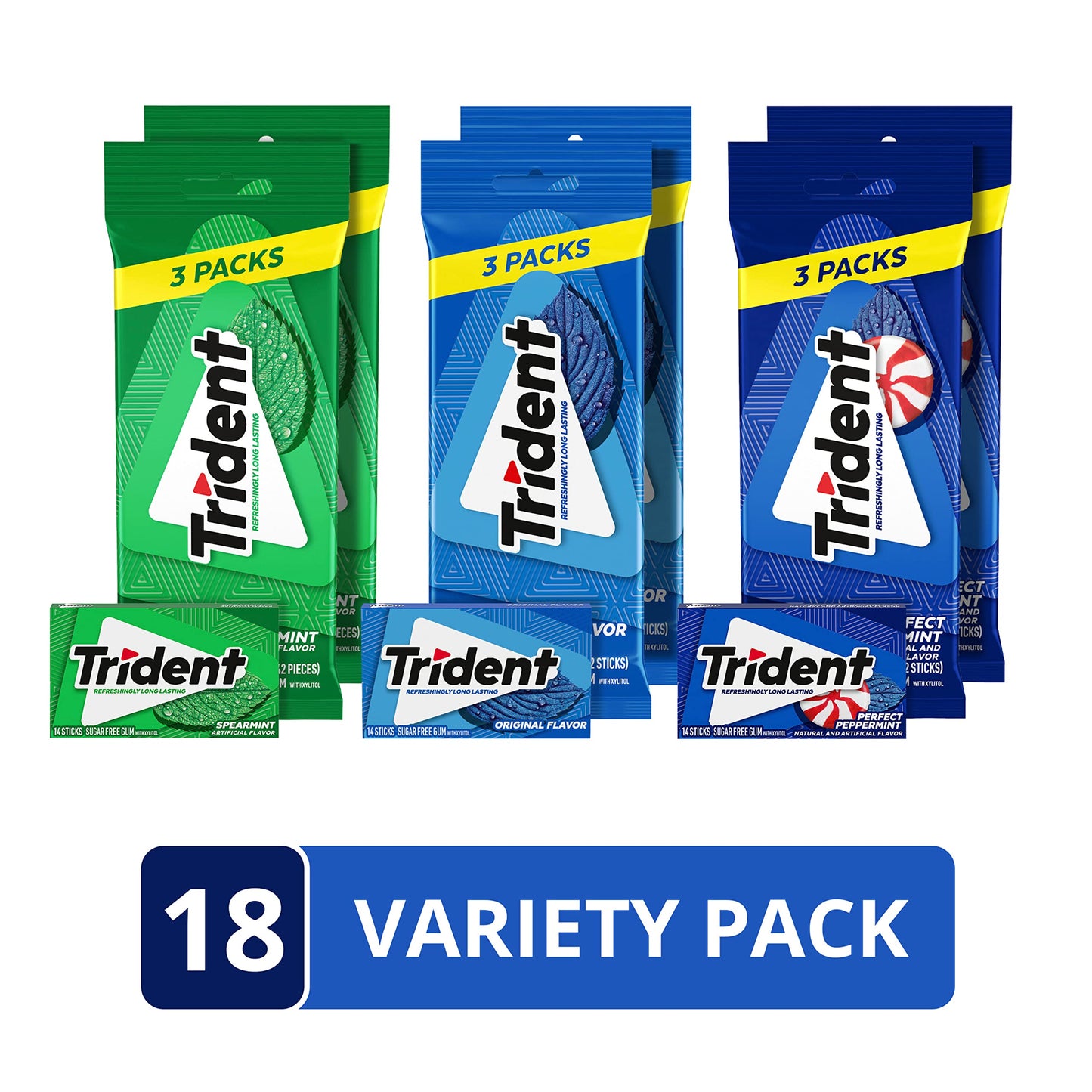 Trident Sugar Free Gum Variety Pack, Spearmint, Perfect Peppermint & Original Flavors, 18 Packs Of 14 Pieces (252 Total Pieces)