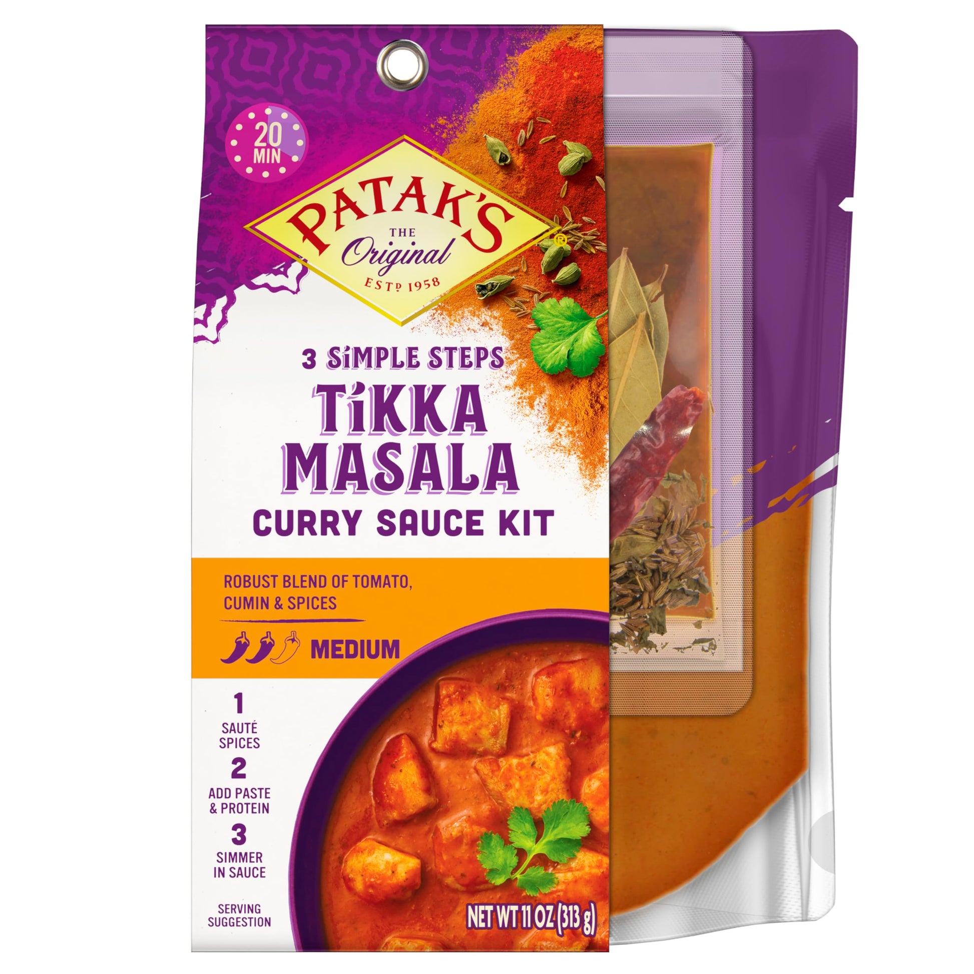 Patak'S Tikka Masala Curry Sauce 3-Step Kit, Pre-Measured Ingredients Included, Fragrant Whole Spices, Tikka Masala Curry Spice Paste, And A Base Sauce, Vegetarian Friendly, 11 Oz (Pack Of 6)