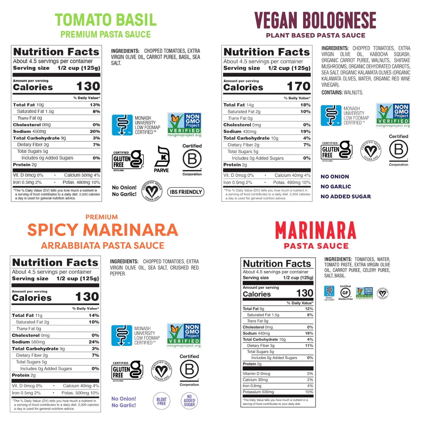 Fody Foods Pasta Sauce Variety Pack, 19.4 Oz (Pack of 4), Garlic and Onion Free, Low FODMAP Certified, Gut & IBS Friendly, Vegan