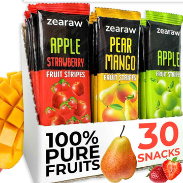 ZEARAW Healthy Fruit Snacks for Adults and Kids - 30 Organic Fruit Leather with Dried Apple, Apple-Strawberry, Pear-Mango - Vega