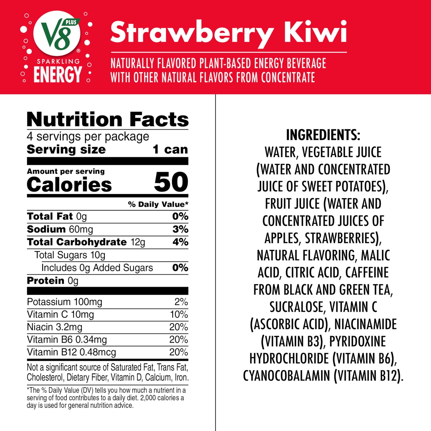 V8 +ENERGY Strawberry Kiwi Energy Drink, Pack of 24 (11.5 Fl Oz), Made with Real Juices, Model 200000027624