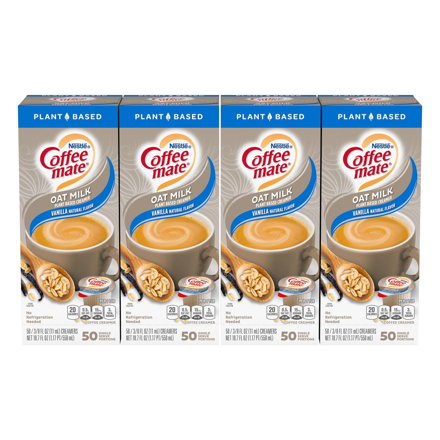 Nestle Coffee Mate Coffee Creamer, Oat Milk, Vanilla Natural Flavor, Liquid Creamer Singles, Plant-Based, Non Dairy, No Refrigeration, 0.375 Fl Oz Tubs (Pack Of 200)