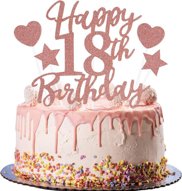Larchio 18Th Birthday Cake Topper, Rose Gold Happy 18Th Birthday Cake Topper And Balloon Cake Topper For Girl Birthday Cake Deco