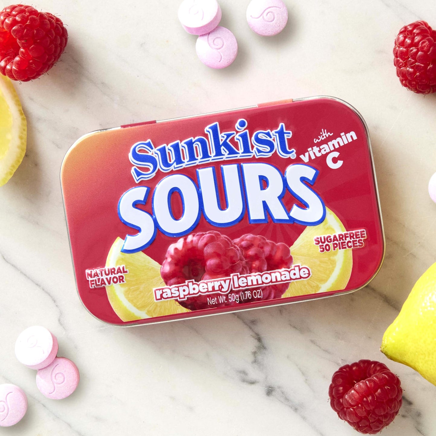 Sunkist Sours Raspberry Lemonade Vitamin C Sugar Free Sour Candy 1.76 Ounce Tin - 6 Count Tray