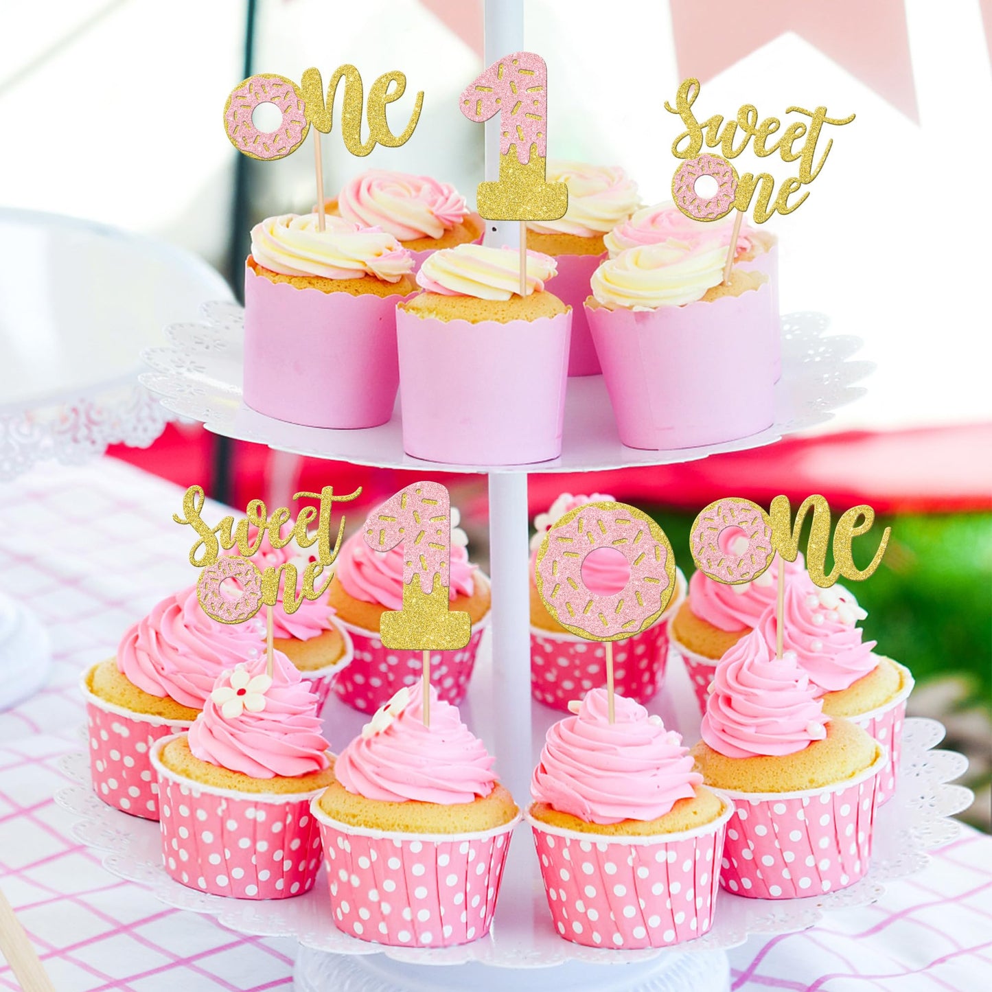 24 Pcs Donut One Cupcake Toppers Glitter Sweet One Donut Cupcake Picks Donut 1St Birthday Party Decorations For Sweet One Donut