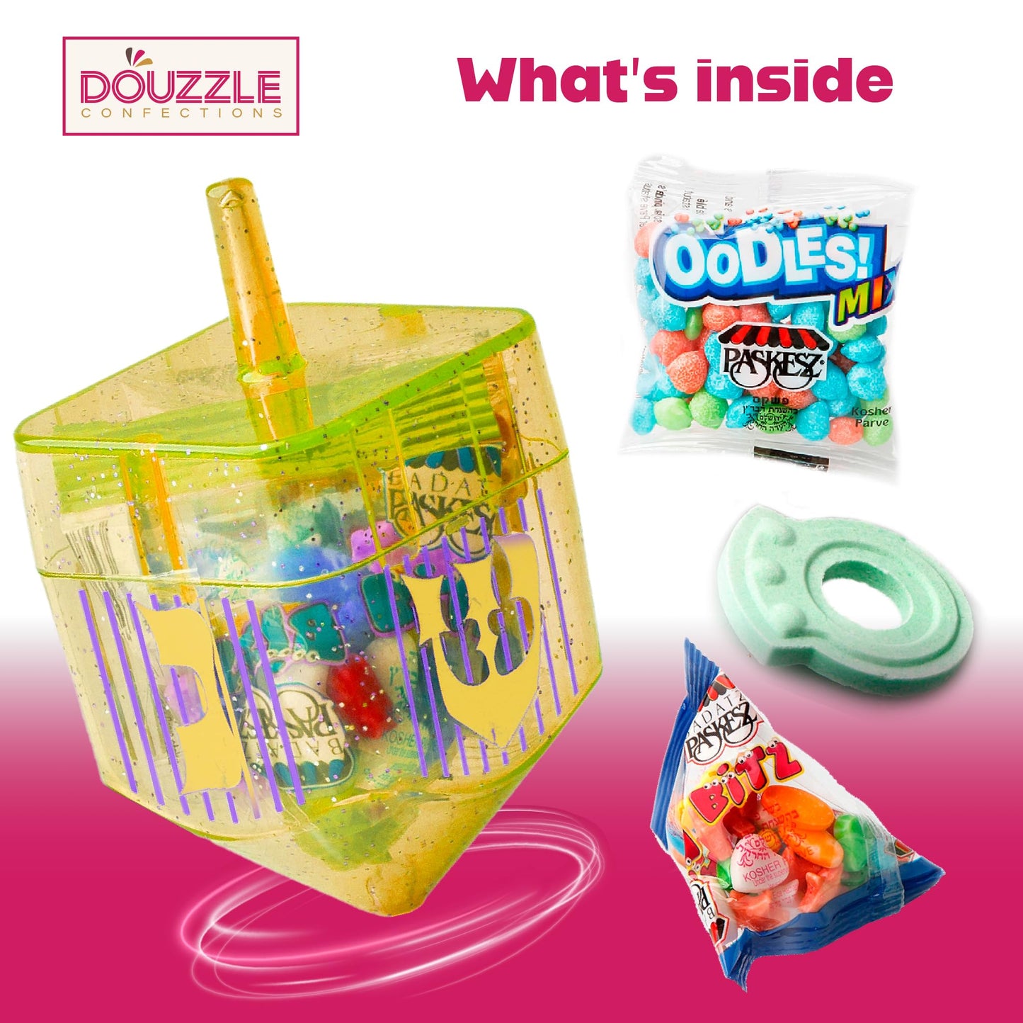 DOUzzle Hanukkah Candy Dreidels for Kids in Bulk, Driedel Filled with Treats (Pack of 24) Hanukah Party Favors, Happy Chanuka Sw