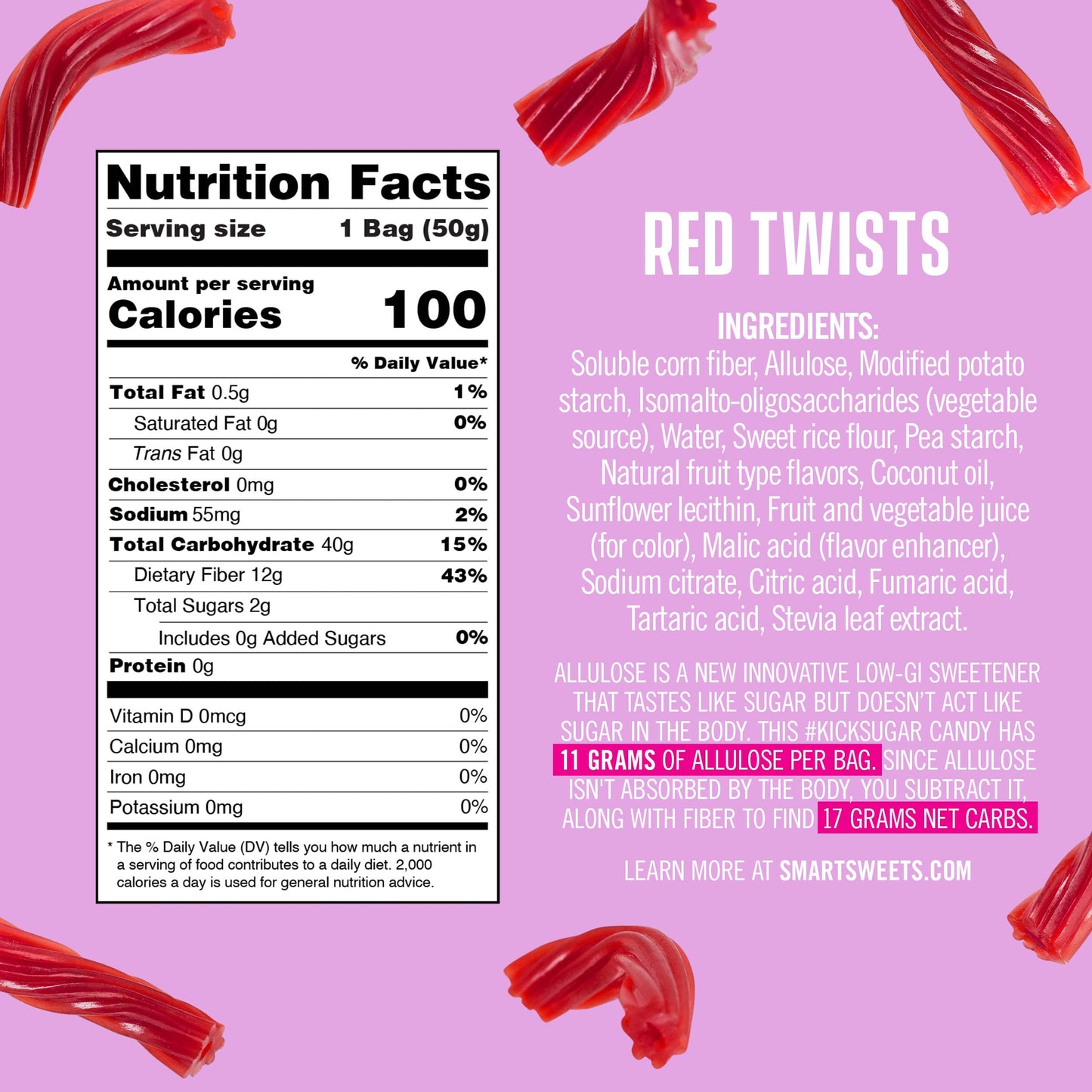 Smartsweets Red Twists, 1.8Oz (Pack Of 6), Licorice Gummy Candy With Low Sugar (2G), Low Calorie (110), No Artificial Sweeteners