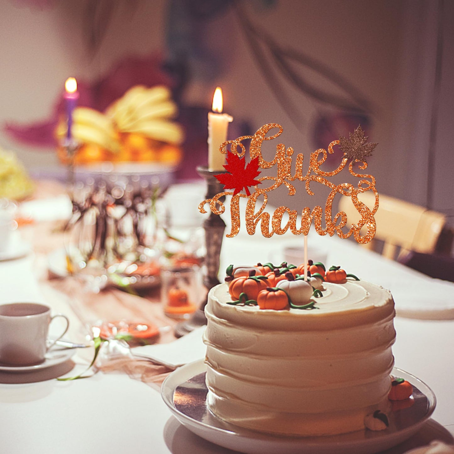 1 Pcs Give Thanks Cake Topper Glitter Maple Leaves Autumn Happy Thanksgiving Cake Pick Fall Harvest Thankful Grateful Blessed Ca