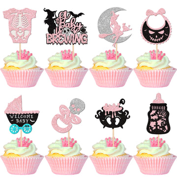 32 Pcs A Baby Is Brewing Halloween Cupcake Toppers Glitter Carriage Bottle Welcome Baby Shower Cupcake Picks For Halloween Theme