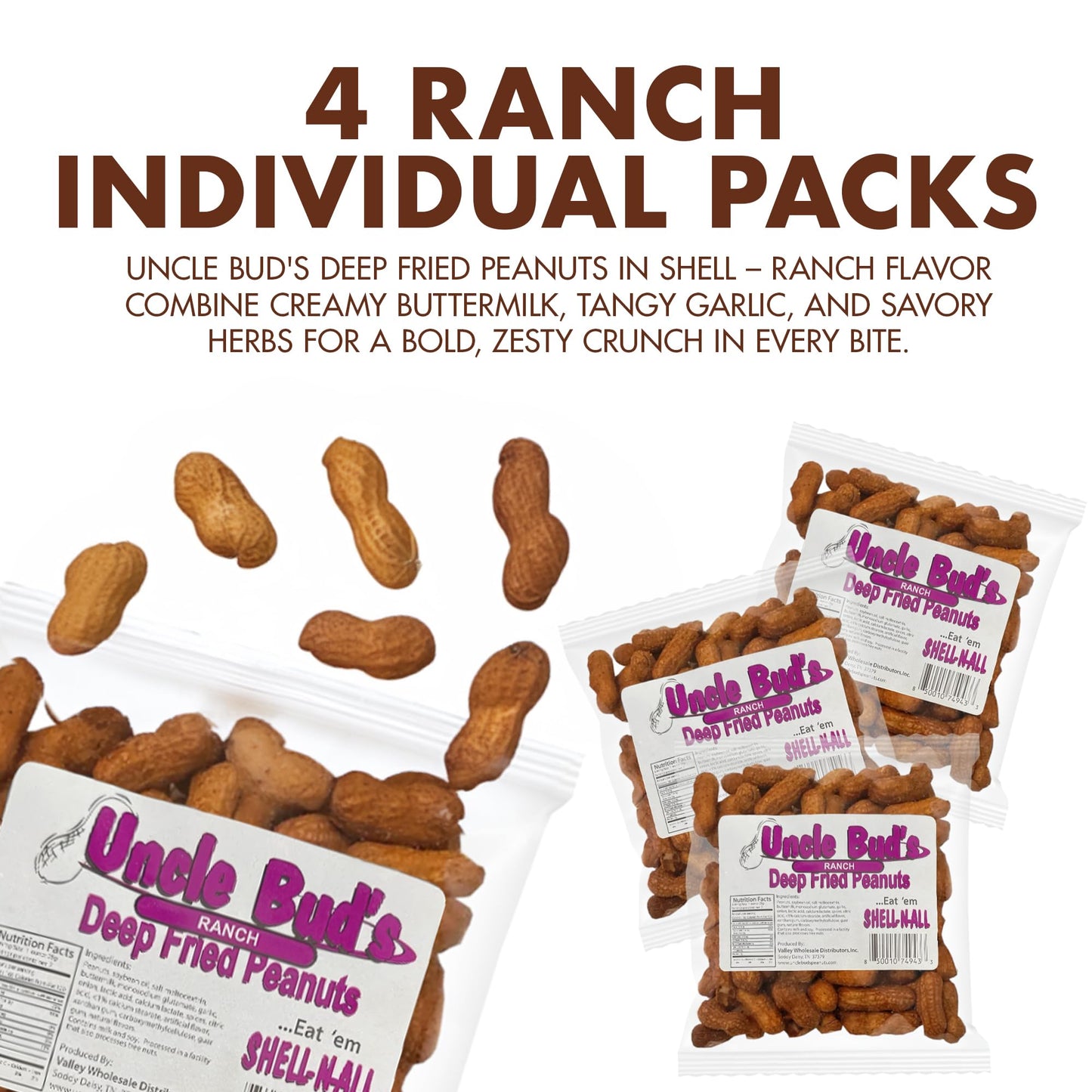 Jerky-n-Spice Uncle Buds Ranch Deep Fried Peanuts in Shell 4-Pack | Premium Savory Snack | High-Protein, USA Made