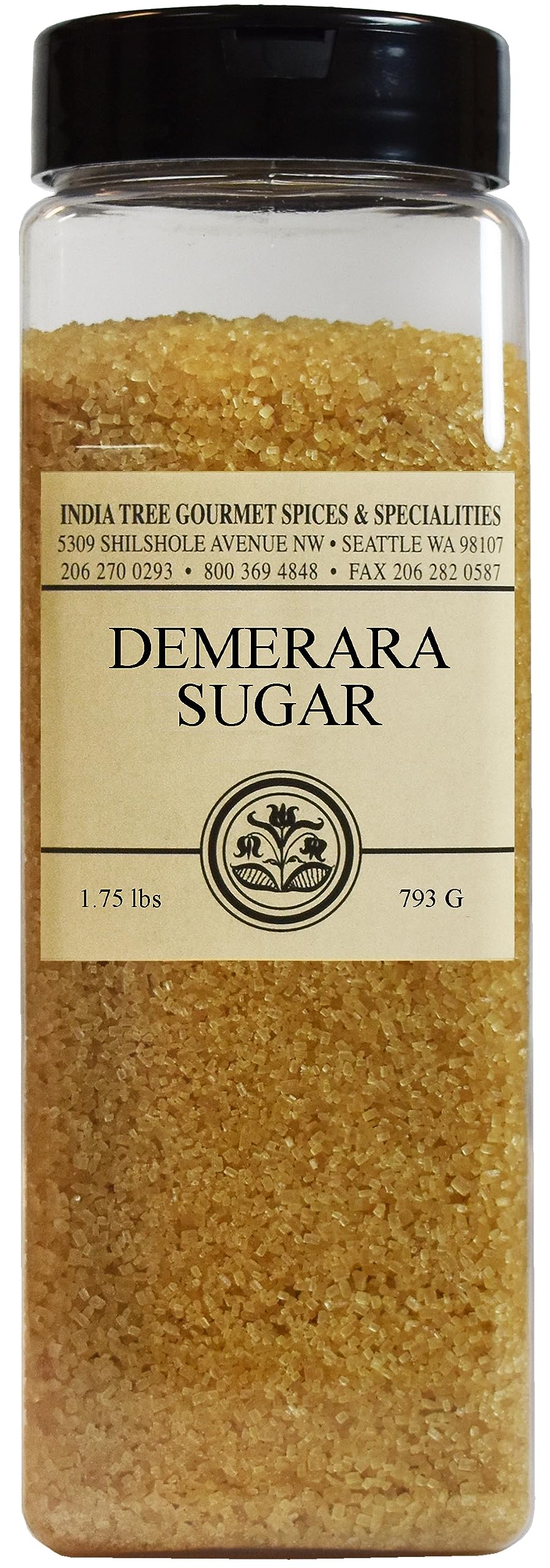 India Tree Mauritius Demerara Raw Sugar, 1.75-Pound Jar, Granulated Unrefined Cane Sugar, Amber Color, Mild Molasses Flavor