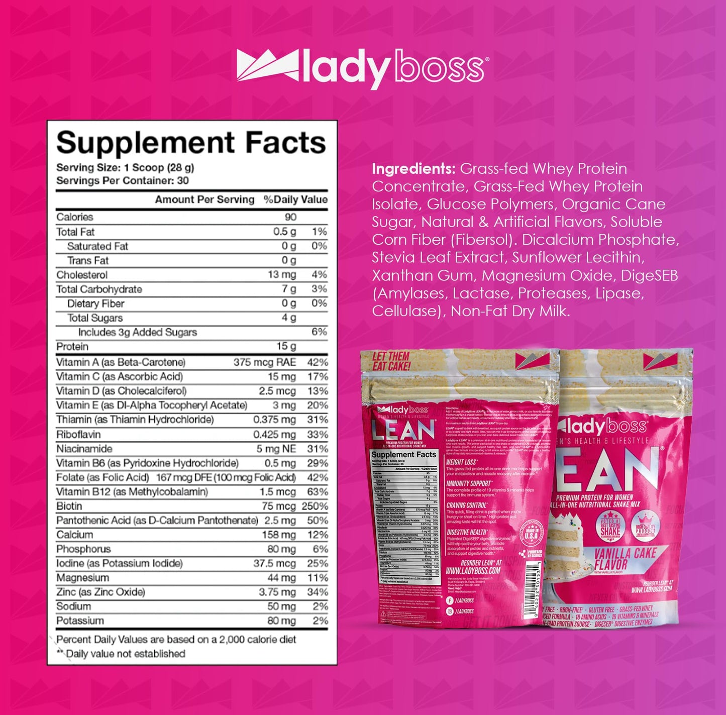 LadyBoss Lean Protein Shake - Vanilla Cake Flavor, Meal Replacement with 18 Nutrients, 31 oz, 30 Servings