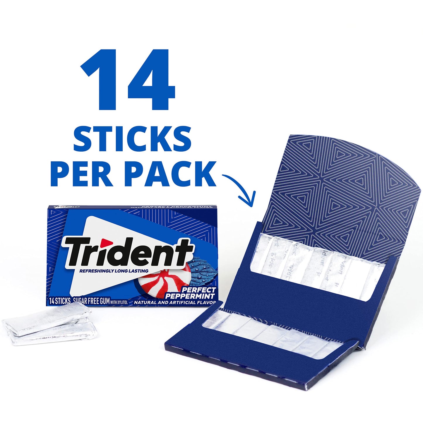 Trident Sugar Free Gum, Perfect Peppermint Flavor, 14 Count, Pack of 10