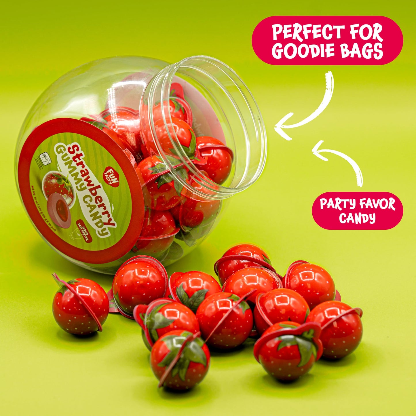 Strawberry Gummy Balls - 19 Ounce Jar (30 Count) - Jelly Filled Gummies - Individually Wrapped Gummy Candy - Kids Party Favors -