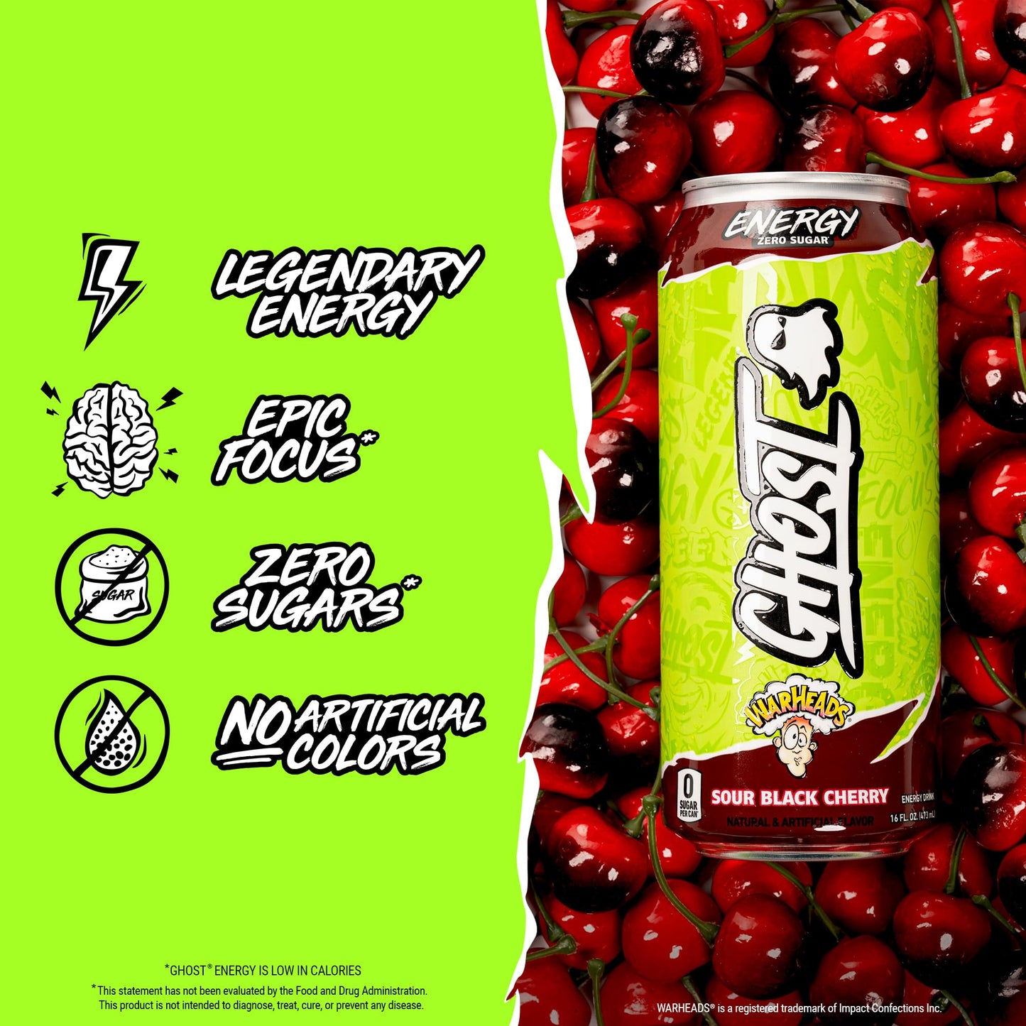 GHOST Energy Drink - 12-Pack  Warheads Sour Black Cherry  16oz - Energy & Focus & No Artificial Colors - 200mg of Natural Caffeine  L-Carnitine & Taurine - Gluten-Free & Vegan