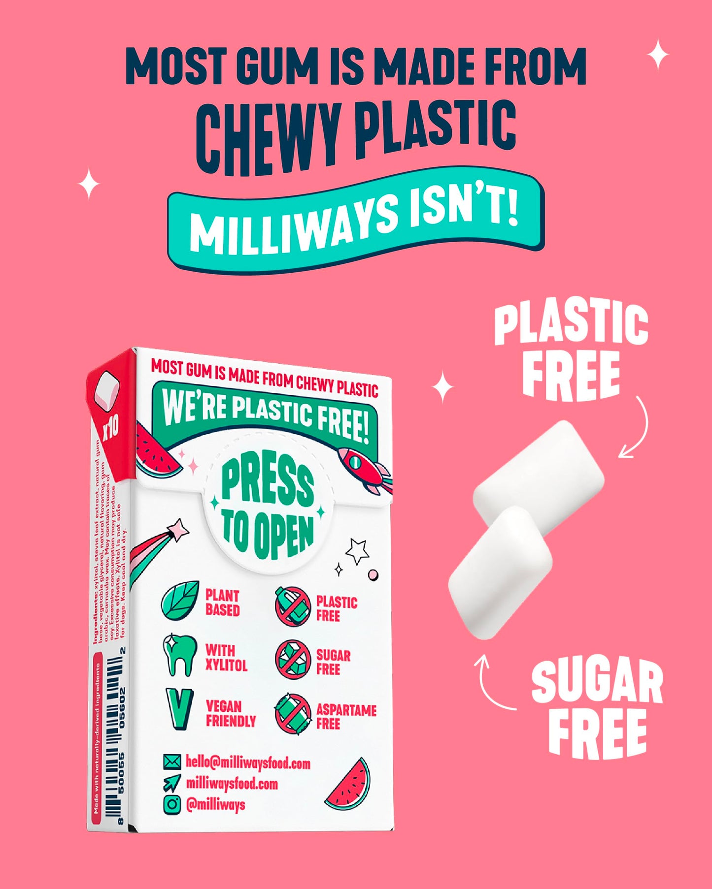 Milliways Watermelon | Plastic Free Gum | Xylitol, Aspartame-Free, Sugar-Free, Plant-Based, Natural Chewing Gum | 120 Pieces Tot