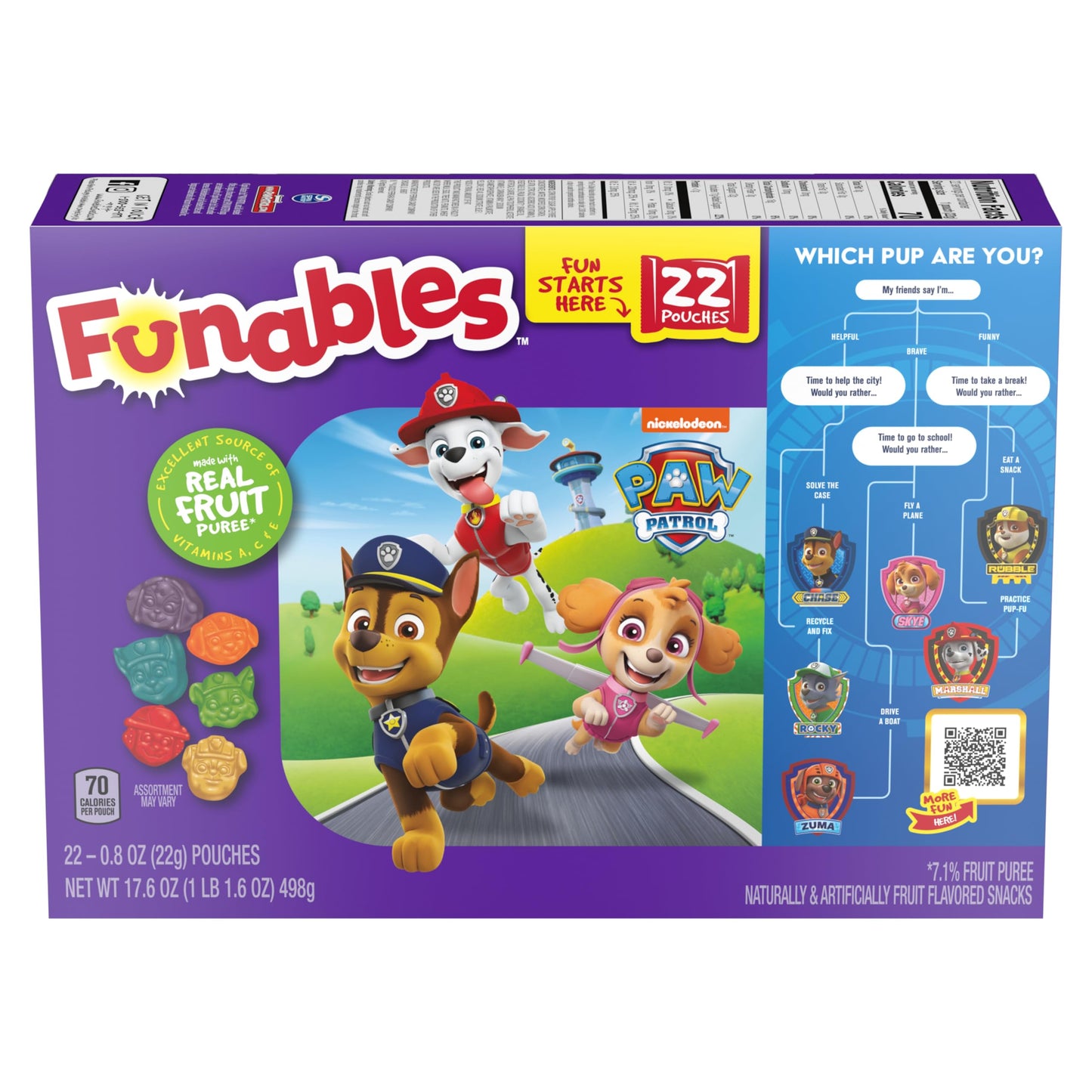 Funables Fruity Snacks, Paw Patrol, Assorted Fruit, Flavored Snacks, 0.8 Oz 22 Ct