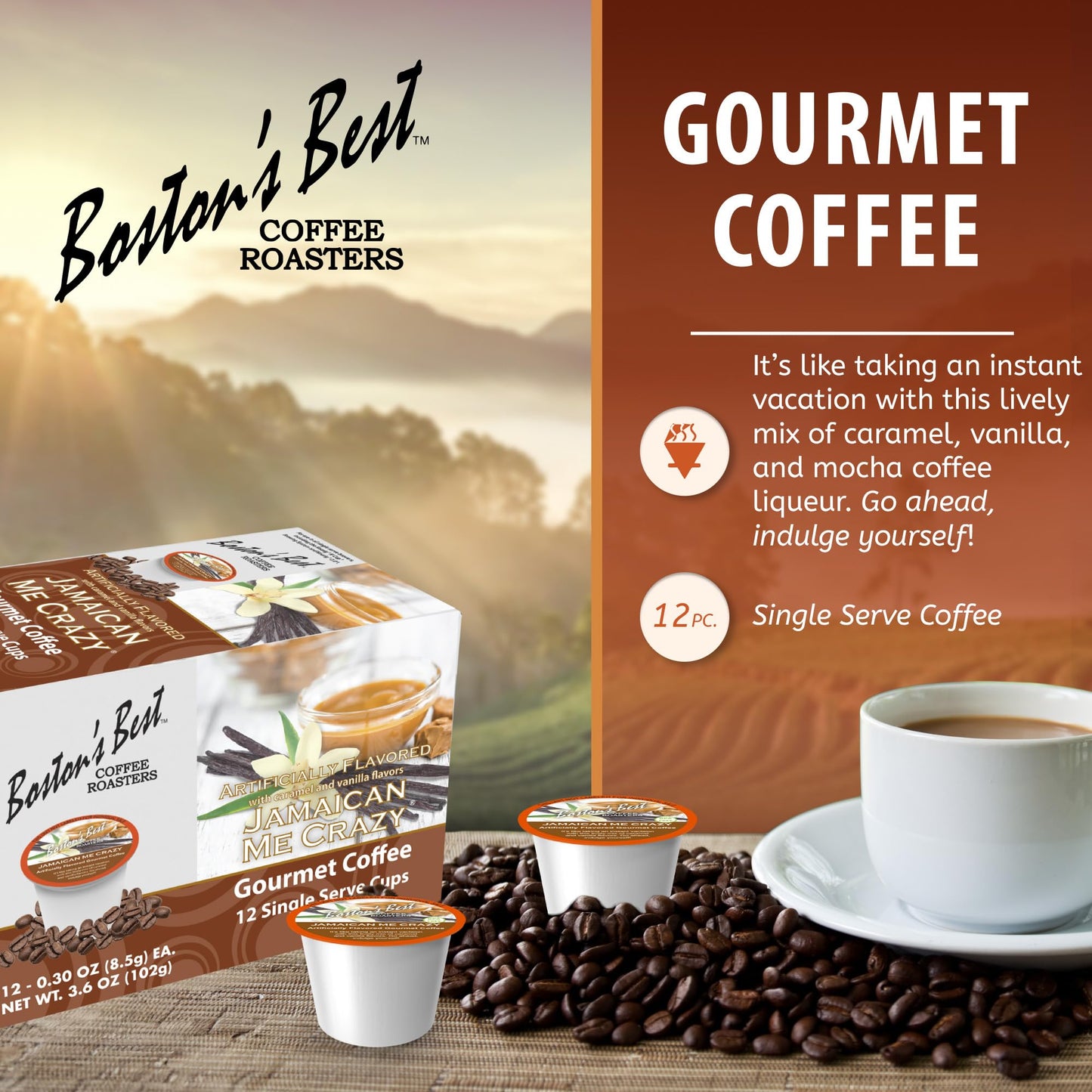 Bostons Best Jamaican Me Crazy Medium Roast Coffee, Compatible with Keurig, 12 Single Serve Cups, Model 017809009332