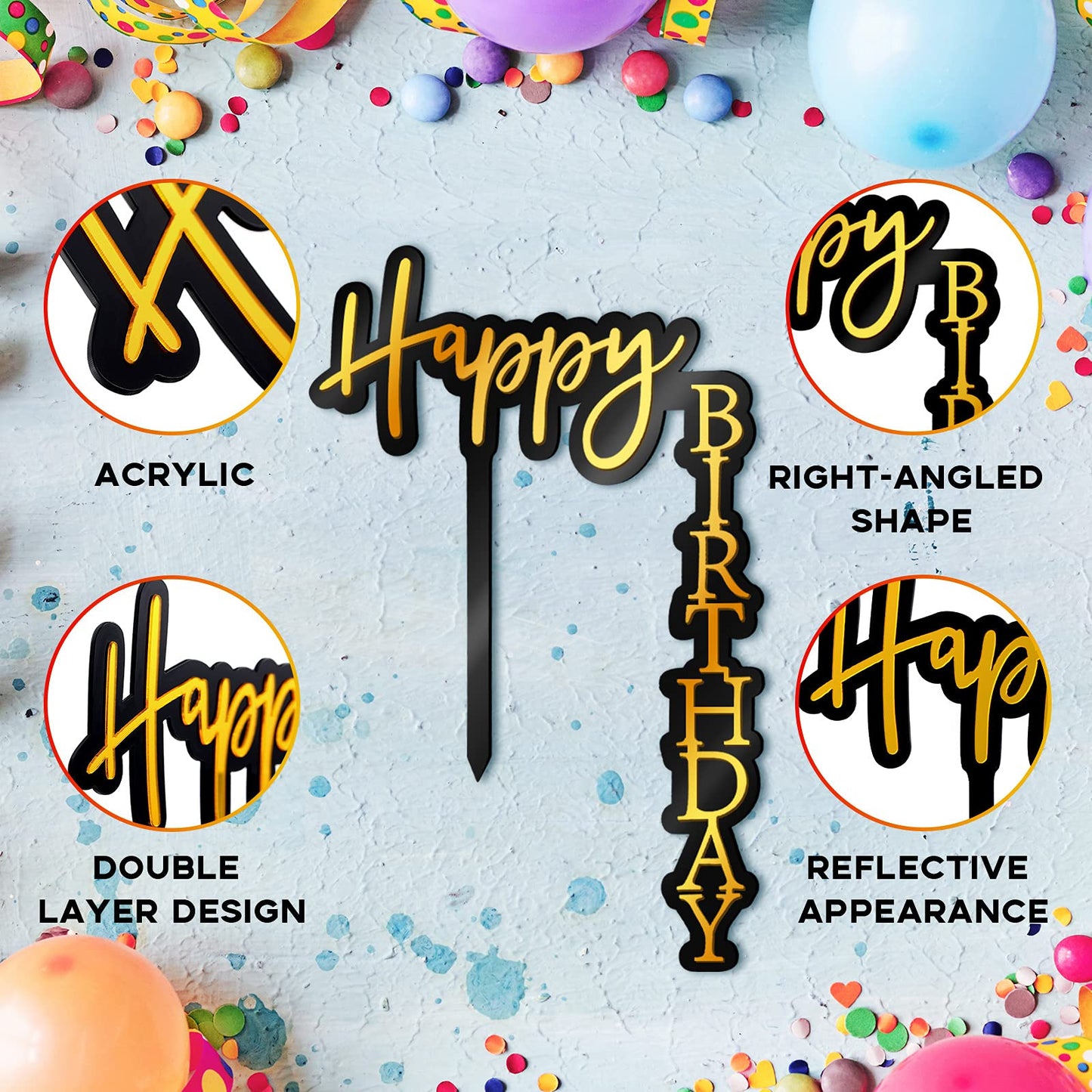 Quzzil Acrylic Cake Toppers - 6 Pieces, Right Angled Shape, Party Supplies, Gold/Rose Gold/Sapphire Blue/Purple