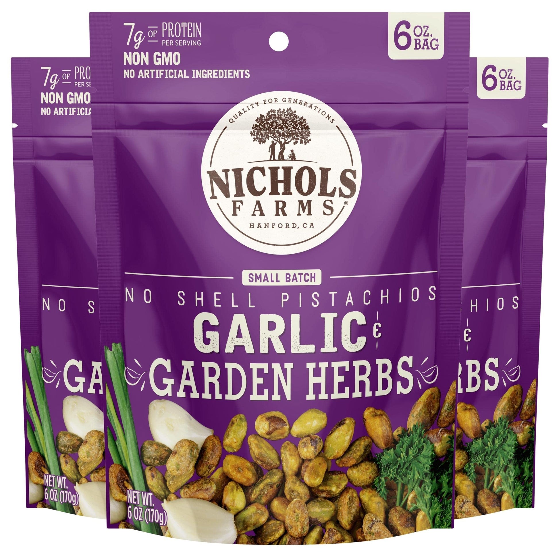 Nichols Farms Roasted No Shell Pistachios - Garlic & Garden Herbs - 6oz (Pack of 3) - Non-GMO, California Grown Snack Packs