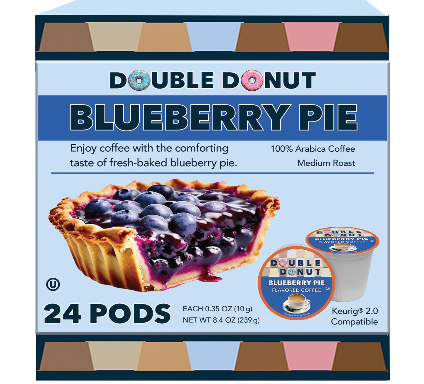 Double Donut Coffee Blueberry Coffee Pods, Medium Roast, 24 Count, Compatible with Keurig K Cups, Brown