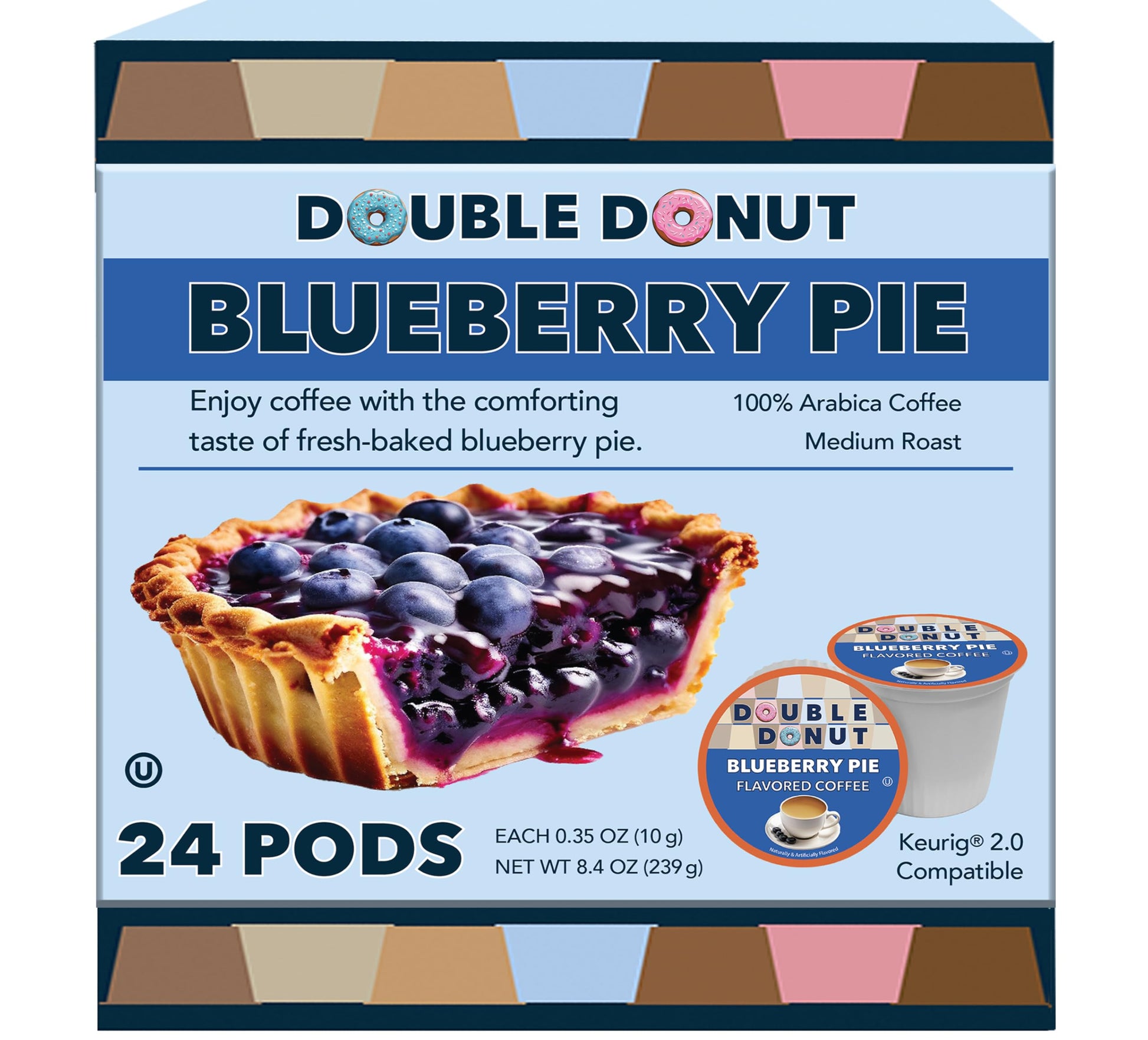 Double Donut Coffee Blueberry Coffee Pods, Medium Roast, 24 Count, Compatible with Keurig K Cups, Brown