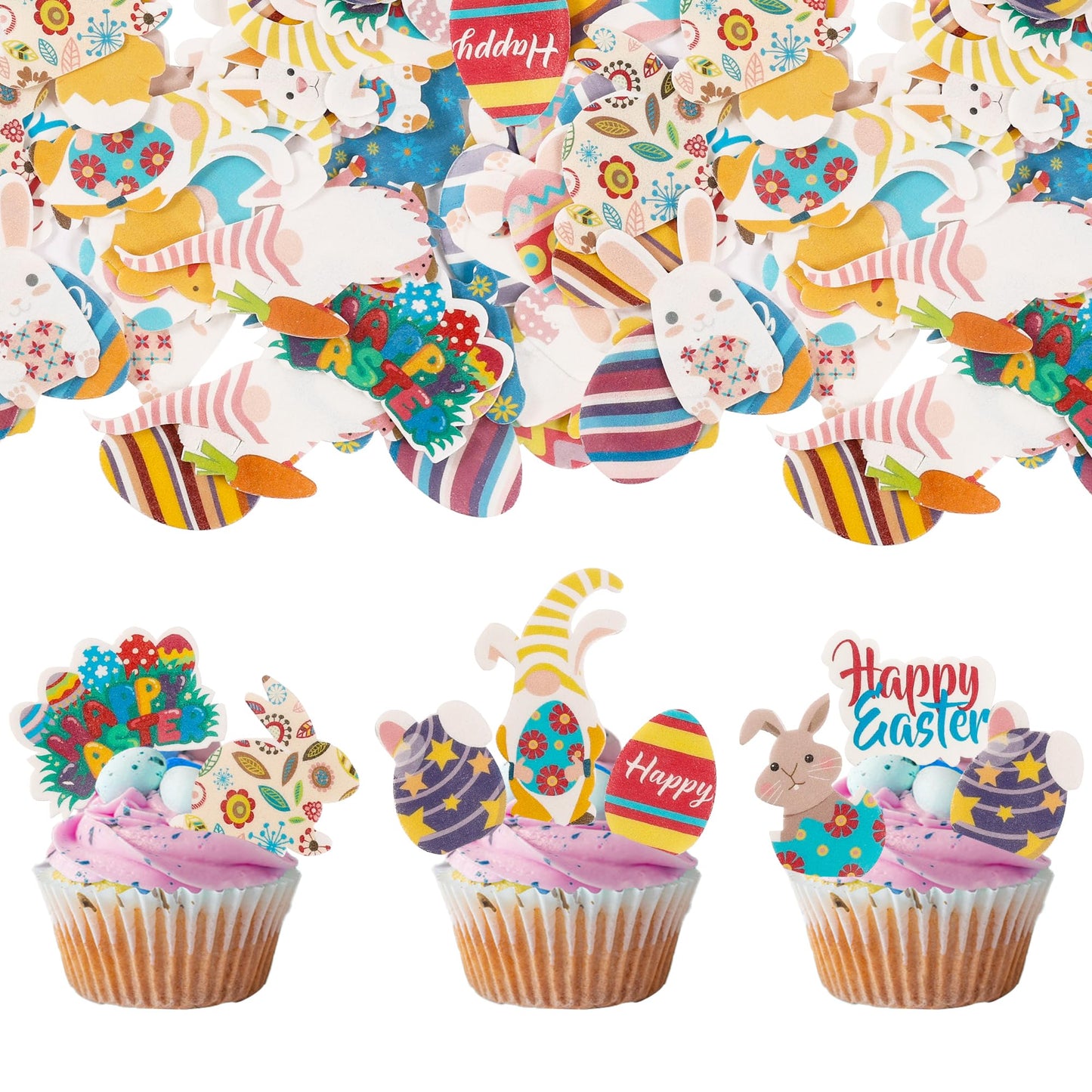 Gyufise 70 Pack Edible Happy Easter Cupcake Toppers Bunny Cupcake Picks Edible Easter Cake Decorations For Easter Theme Baby Shower Kids Birthday Party Cake Supplies