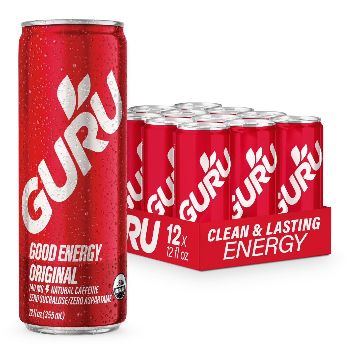 GURU Organic Energy Drink, Plant-Based Caffeine, Gluten Free, Vegan, 12oz (Pack of 12), Clear
