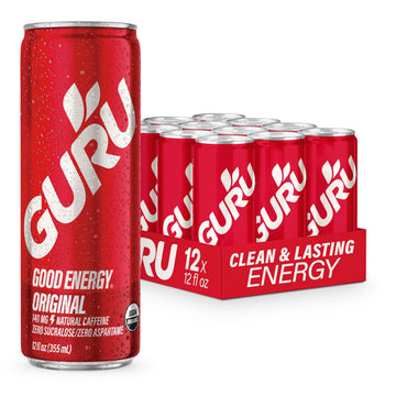 GURU Organic Energy Drink, Plant-Based Caffeine, Gluten Free, Vegan, 12oz (Pack of 12), Clear