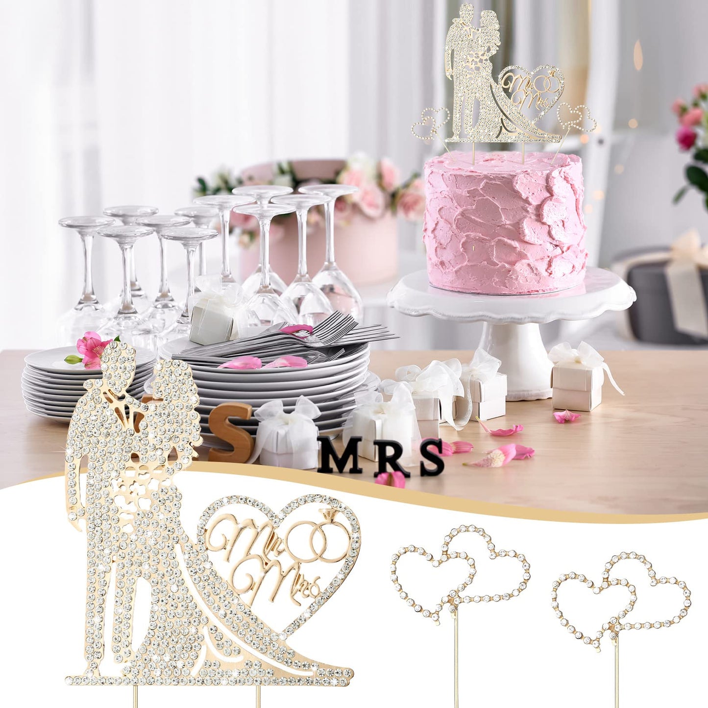 Spiareal 3 Pack Mr And Mrs Cake Topper Rhinestone Metal Love Wedding Cake Topper Crystal Heart Shaped Cake Toppers Funny Diamond
