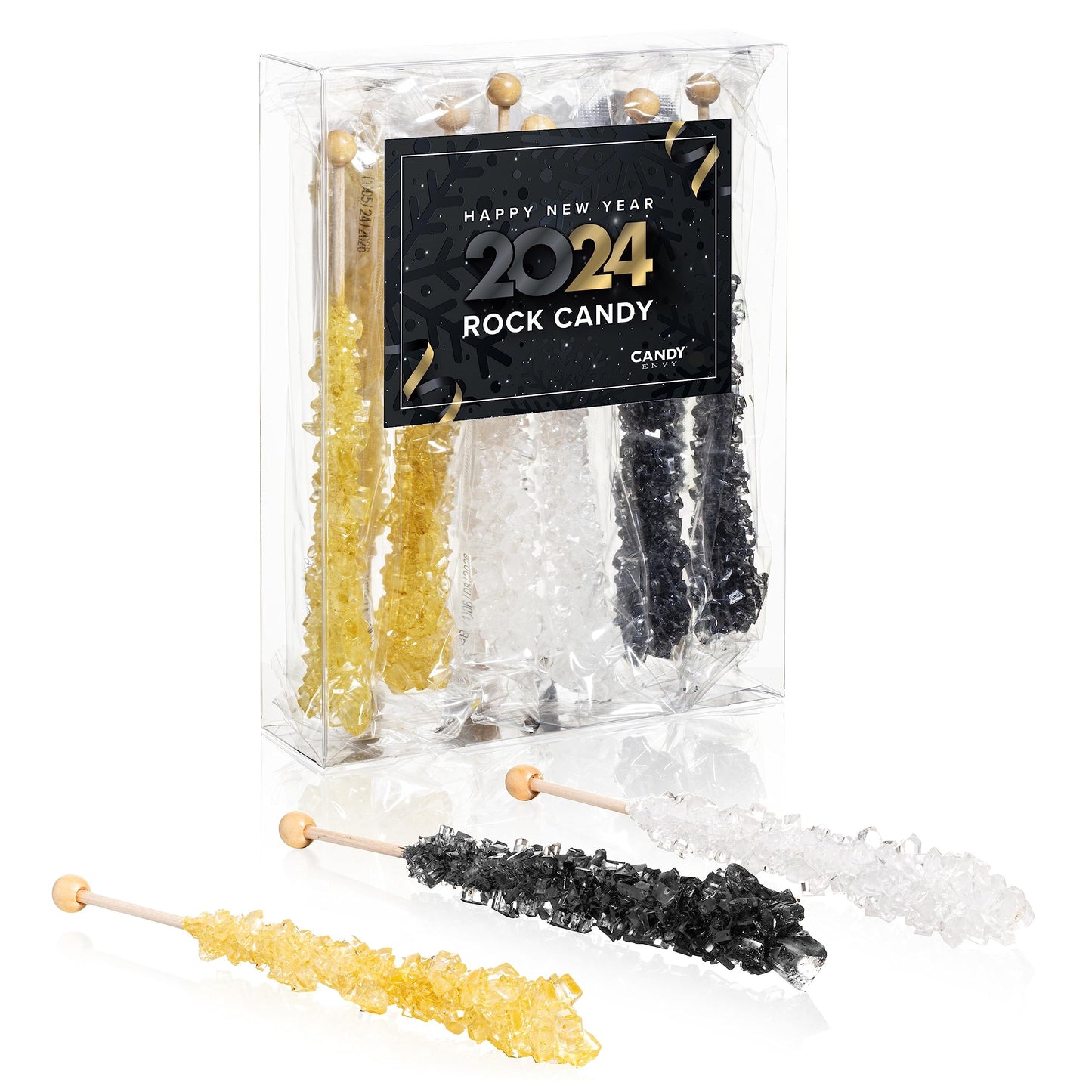 Candy Envy - Happy New Year Rock Candy Sugar Sticks - 10 Indiv. Wrapped - Gold, Black, White