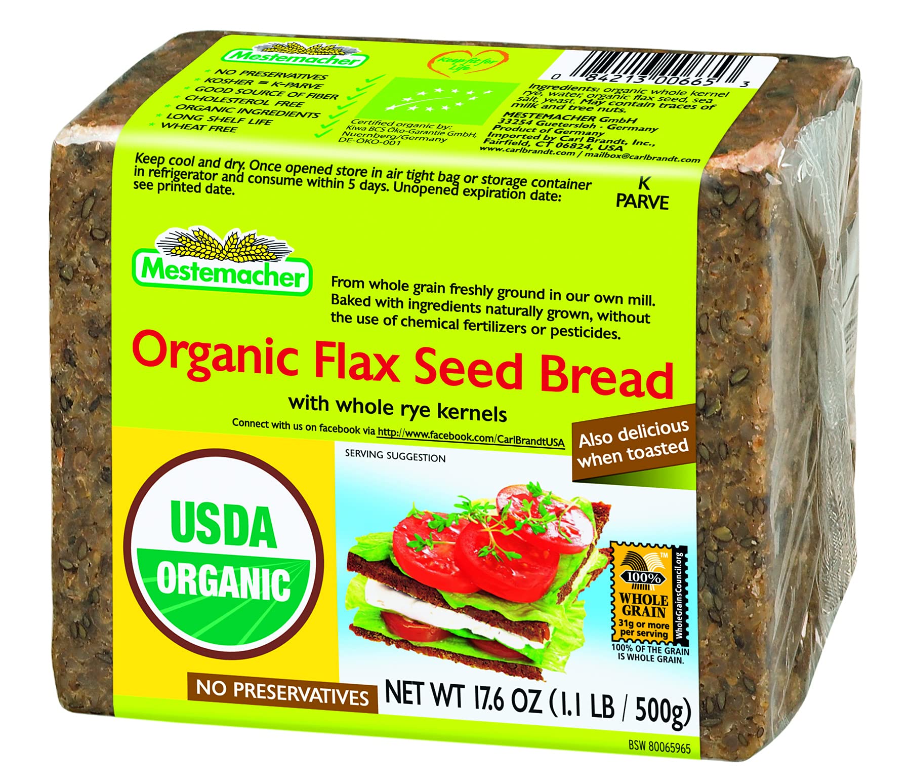 Mestemacher Bread, Organic Flaxseed, 17.6 Ounce Units (Pack of 12)