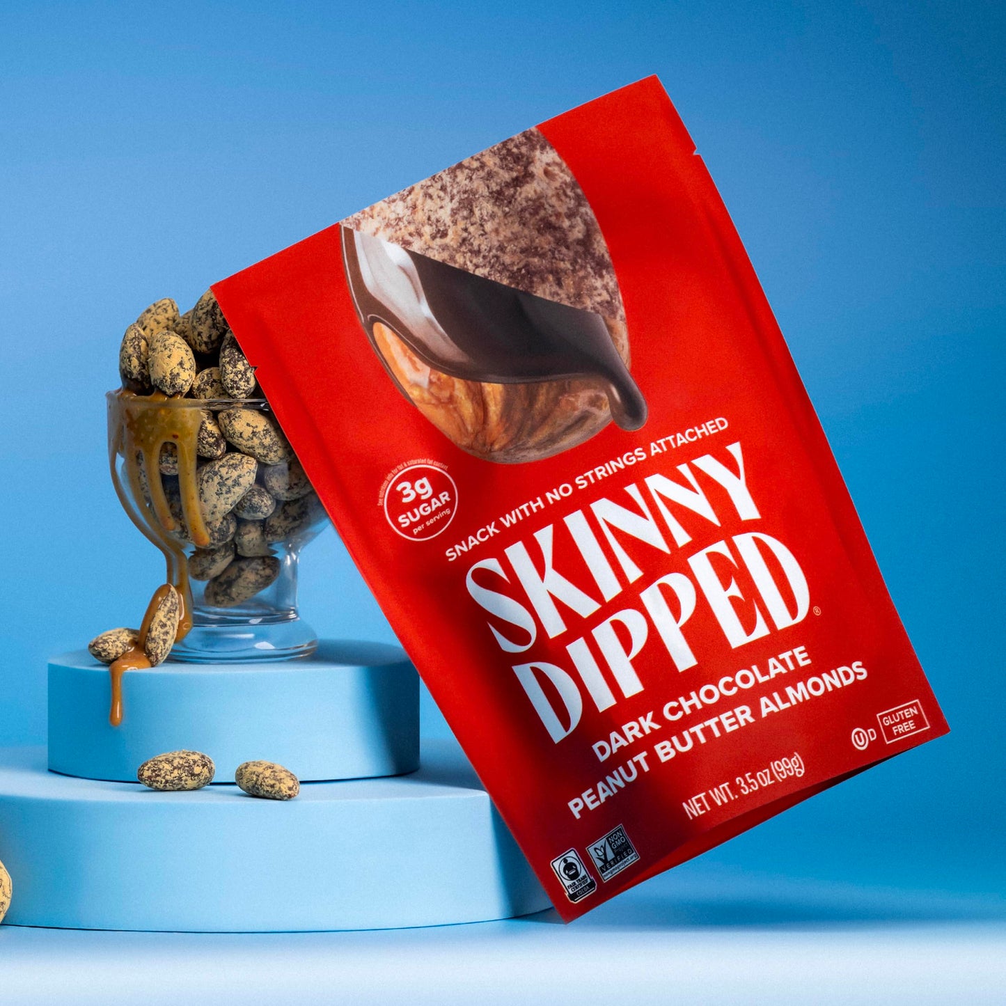 SkinnyDipped Dark Chocolate Peanut Butter Almonds, Chocolate Covered Almonds, Low Sugar, Gluten Free, Healthy Snack, 1.2 Ounce B