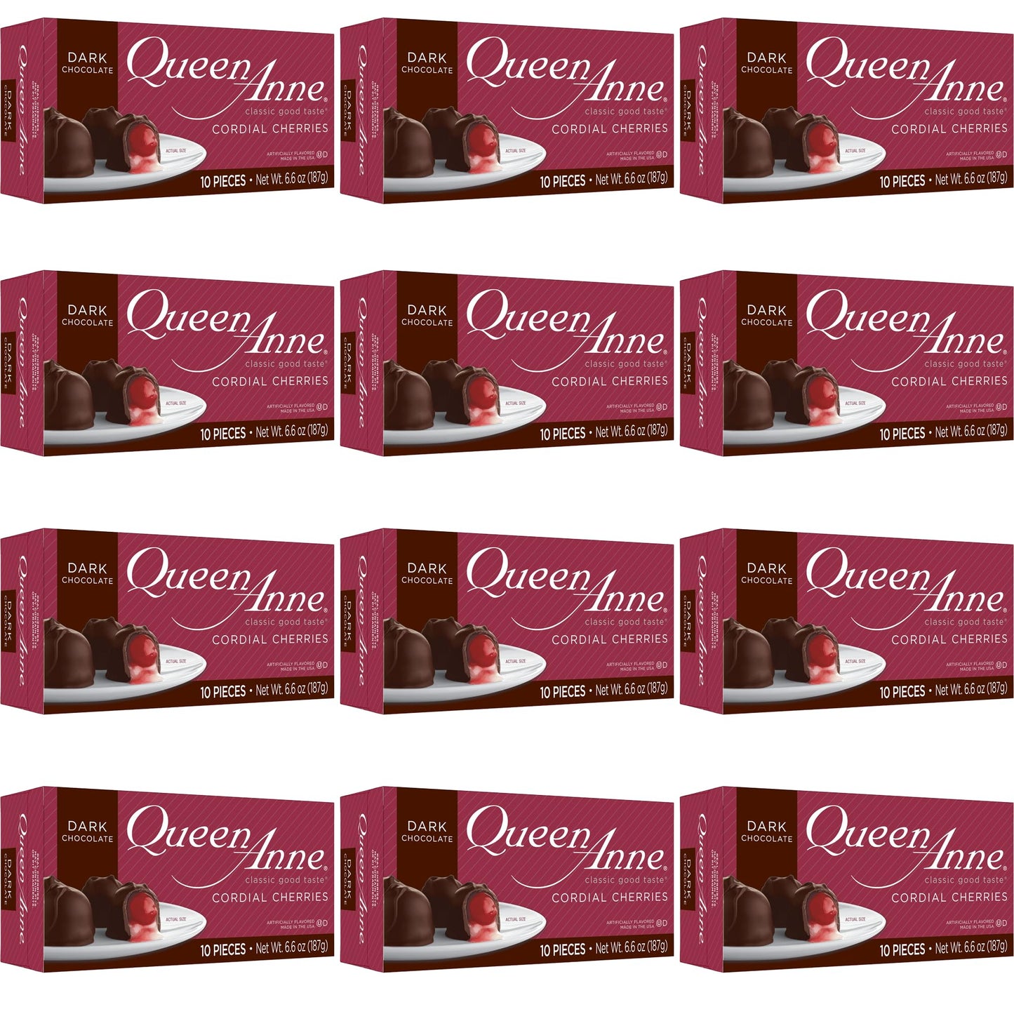 Queen Anne Dark Chocolate Covered Cordial Cherries | 6.6 Oz (Pack Of 12) | 10 Piece Gift Boxes | Whole Maraschino Cherry Creamy Filled Liquid Center | Holiday Party Chocolate Candy